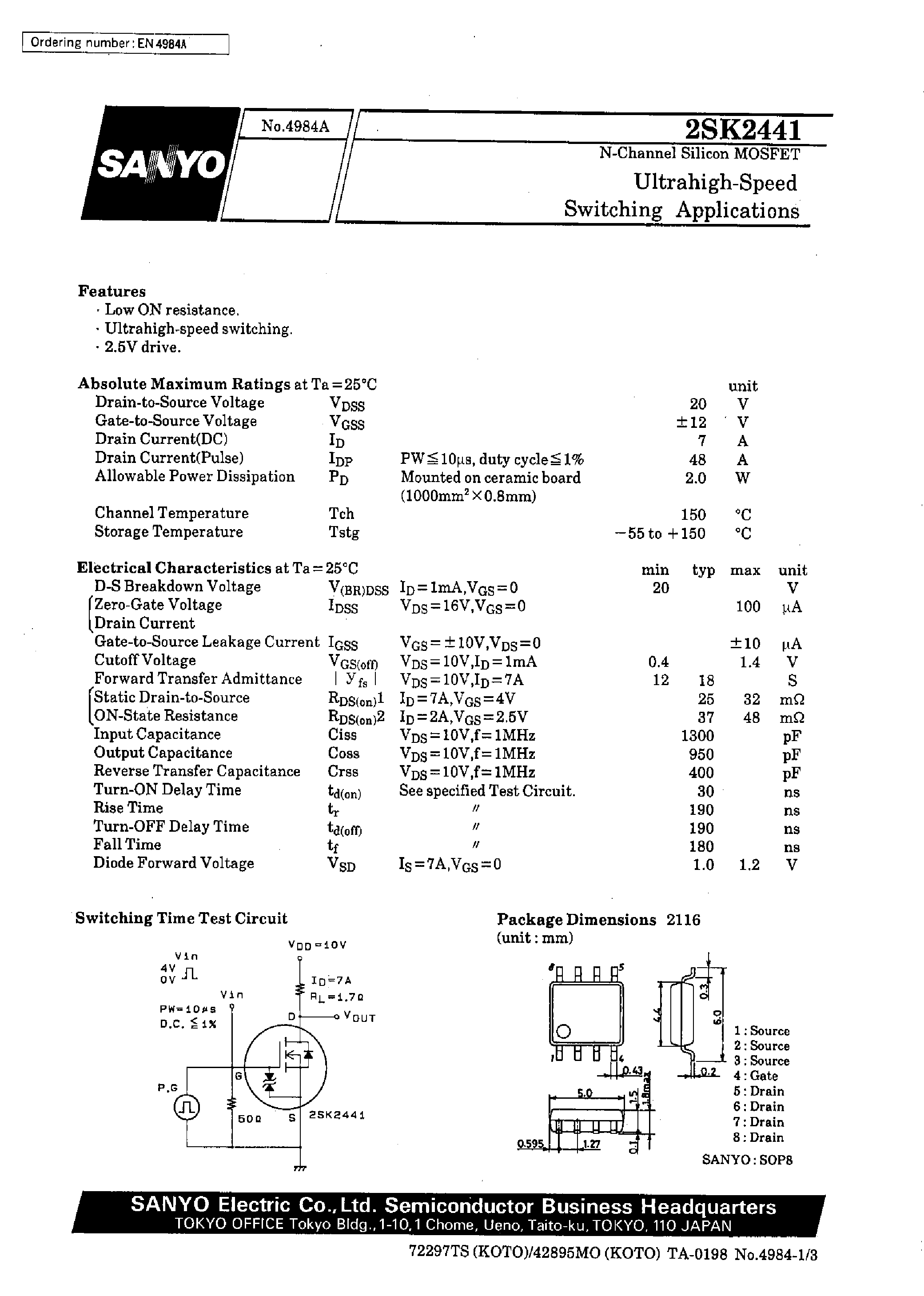 Datasheet 2SK2441 page 1 Datasheet 2SK2441 - Ultrahigh-Speed Switching Applications page 1