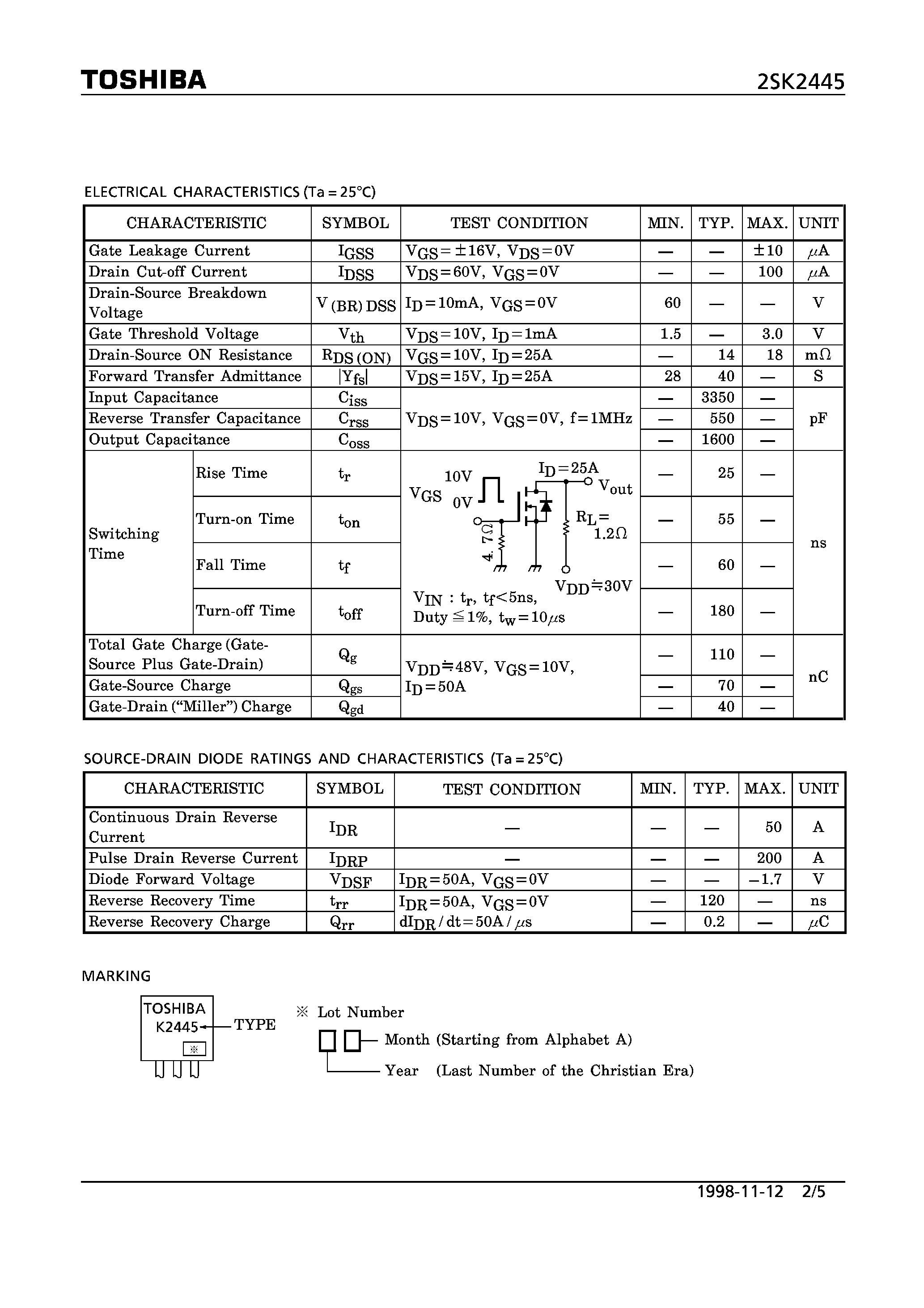 Datasheet 2SK2445 - N CHANNEL MOS TYPE (HIGH SPEED/ HIGH VOLTAGE SWITCHING/ CHOPPER REGULATOR/ DC-DC CONVERTER AND MOTOR DRIVE APPLICATIONS) page 2