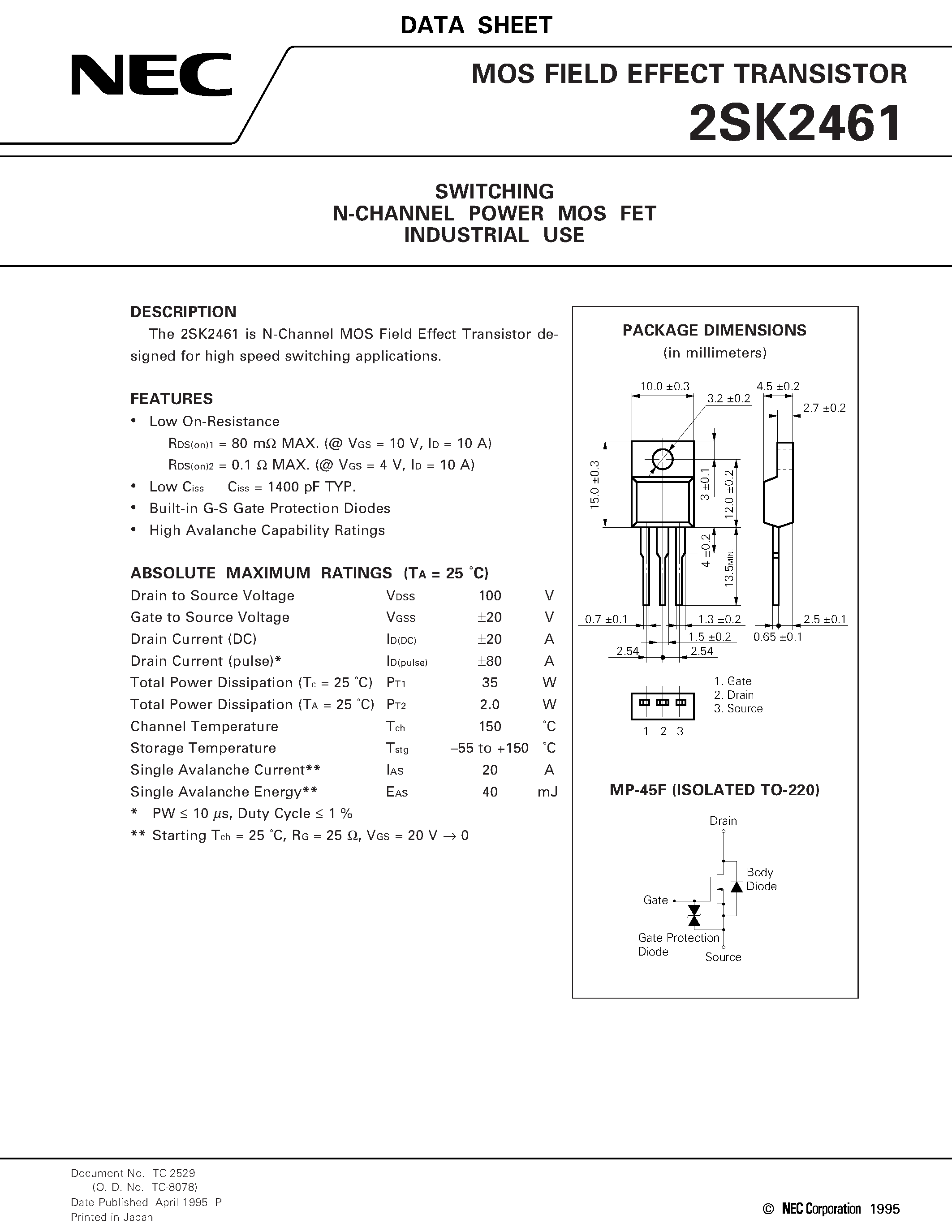 Даташит 2SK2461 - SWITCHING N-CHANNEL POWER MOS FET INDUSTRIAL USE страница 1