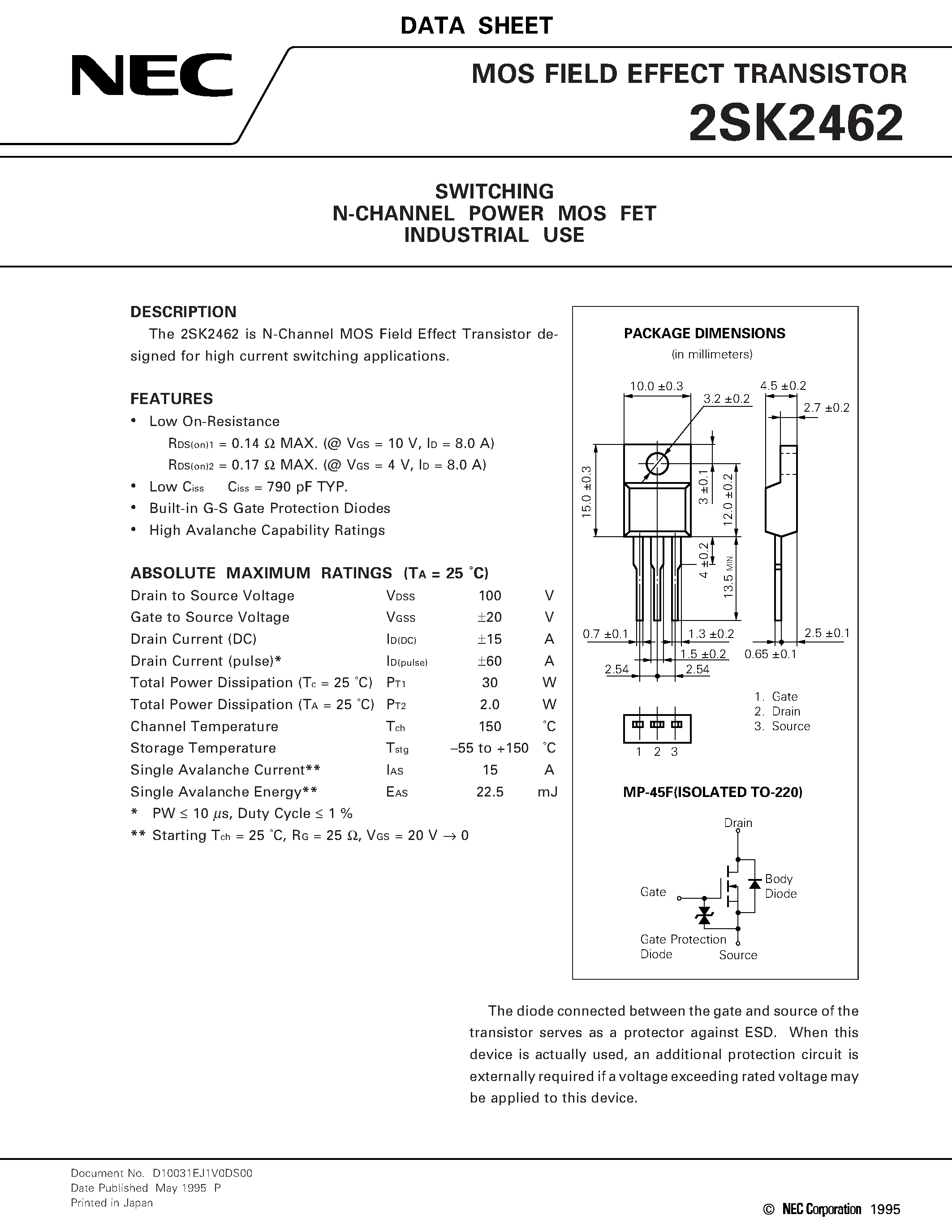 Datasheet 2SK2462 page 1 Datasheet 2SK2462 - SWITCHING N-CHANNEL POWER MOS FET INDUSTRIAL USE page 1