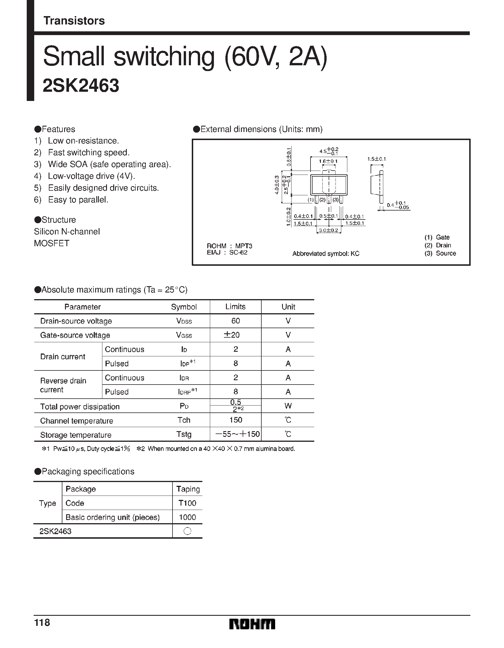 Datasheet 2SK2463 page 1 Datasheet 2SK2463 - Small switching (60V/ 2A) page 1