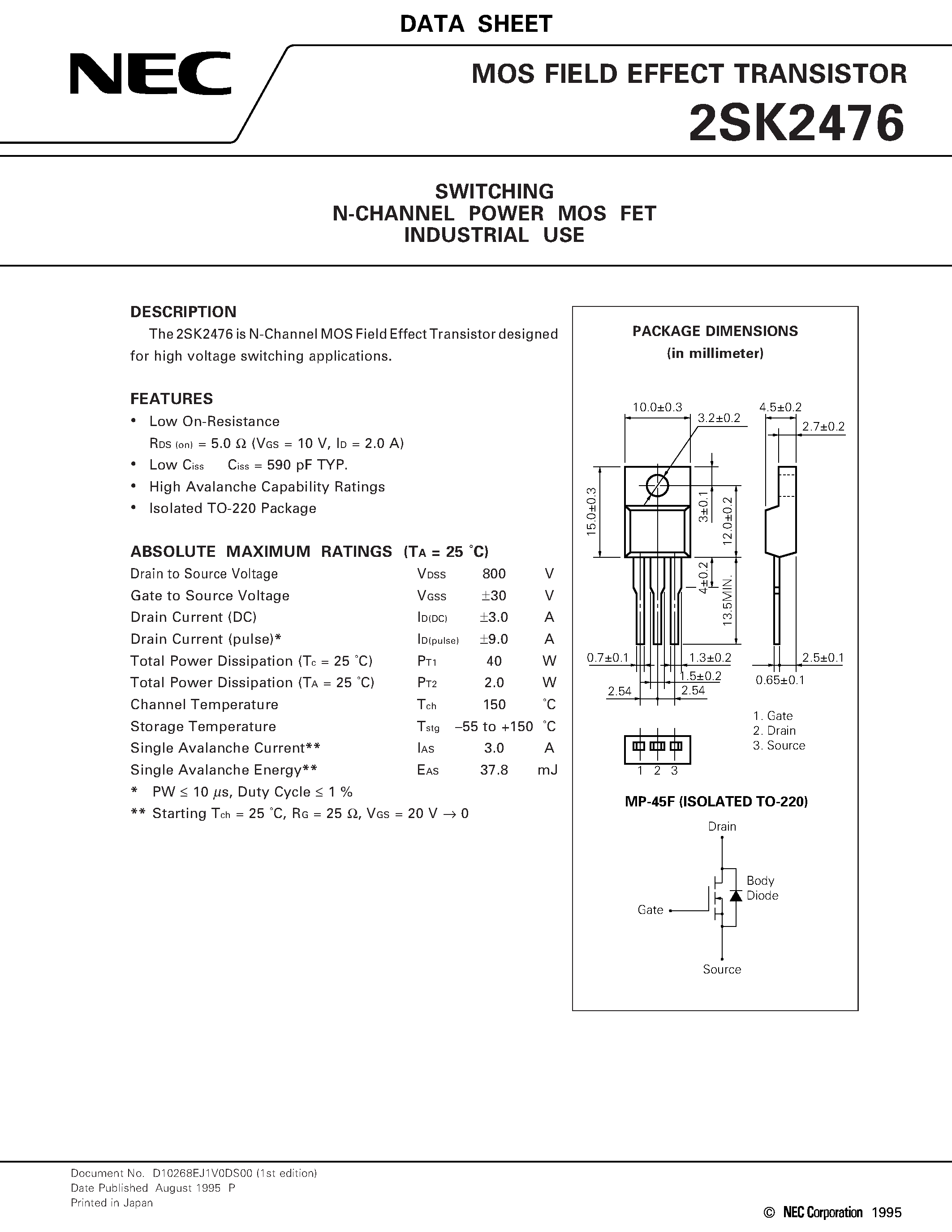 Datasheet 2SK2476 - SWITCHING N-CHANNEL POWER MOS FET INDUSTRIAL USE page 1