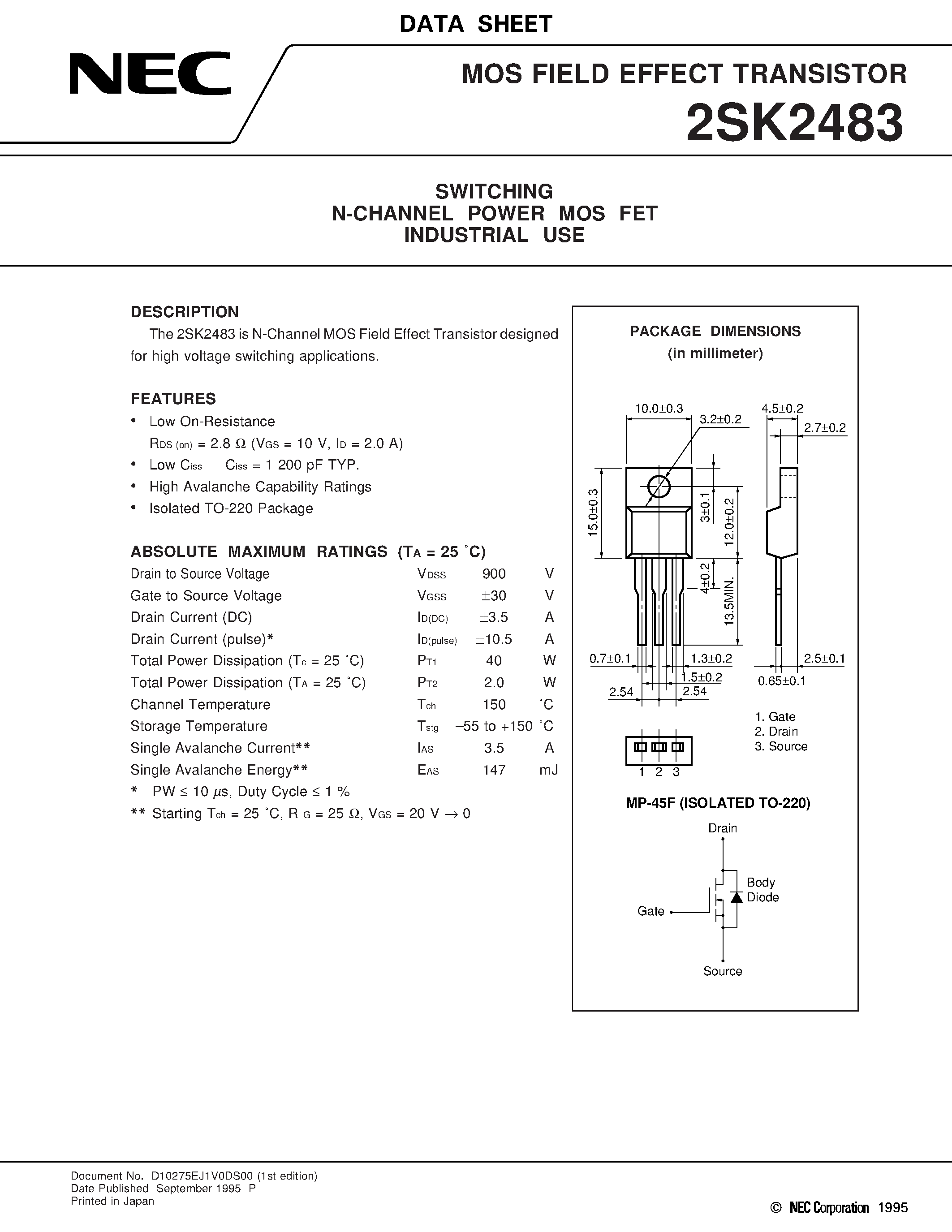 Даташит на микросхему 2SK2483 страница 1 Даташит 2SK2483 - SWITCHING N-CHANNEL POWER MOS FET INDUSTRIAL USE страница 1