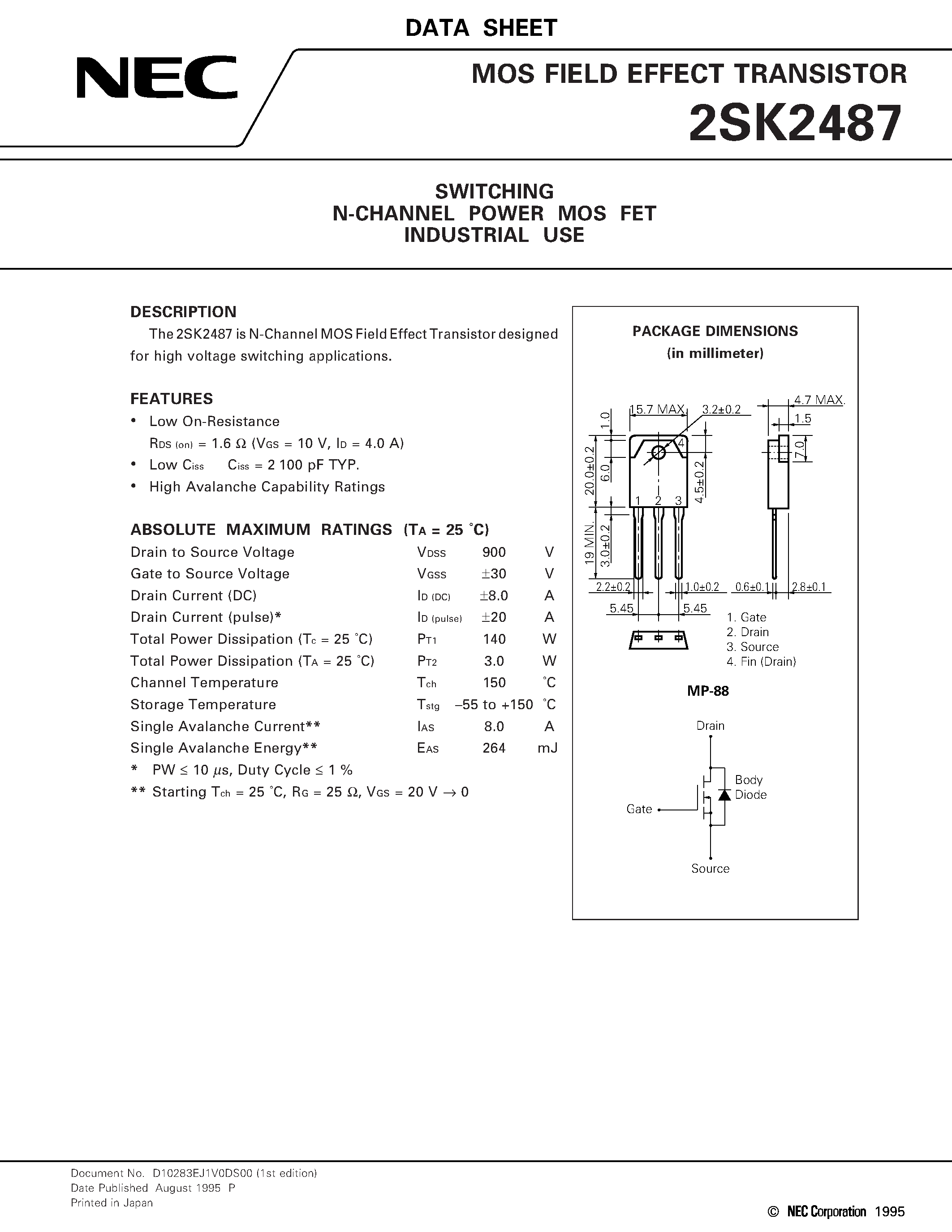 Datasheet 2SK2487 - SWITCHING N-CHANNEL POWER MOS FET INDUSTRIAL USE page 1