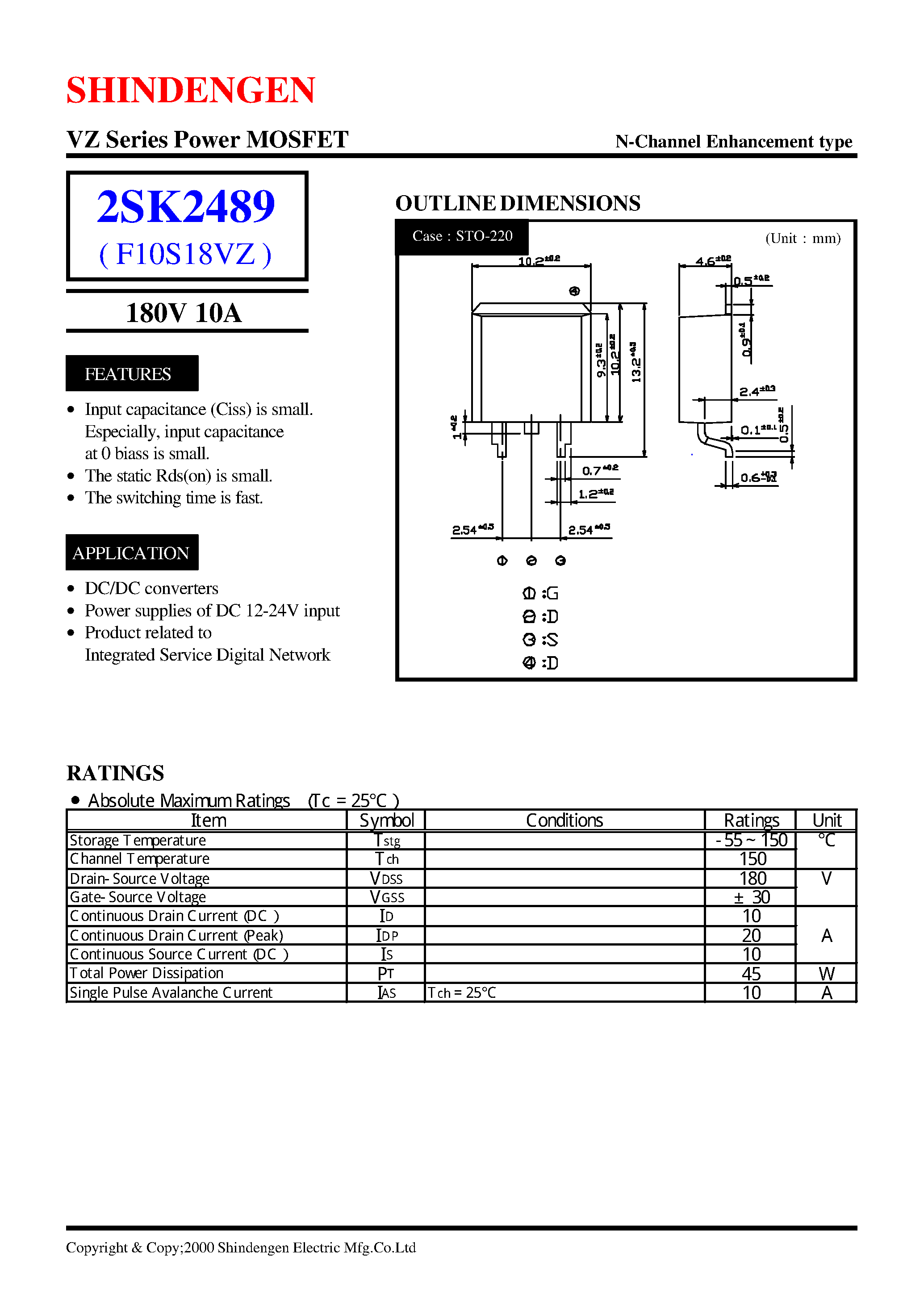 Даташит на микросхему 2SK2489 страница 1 Даташит 2SK2489 - VZ Series Power MOSFET(180V 10A) страница 1