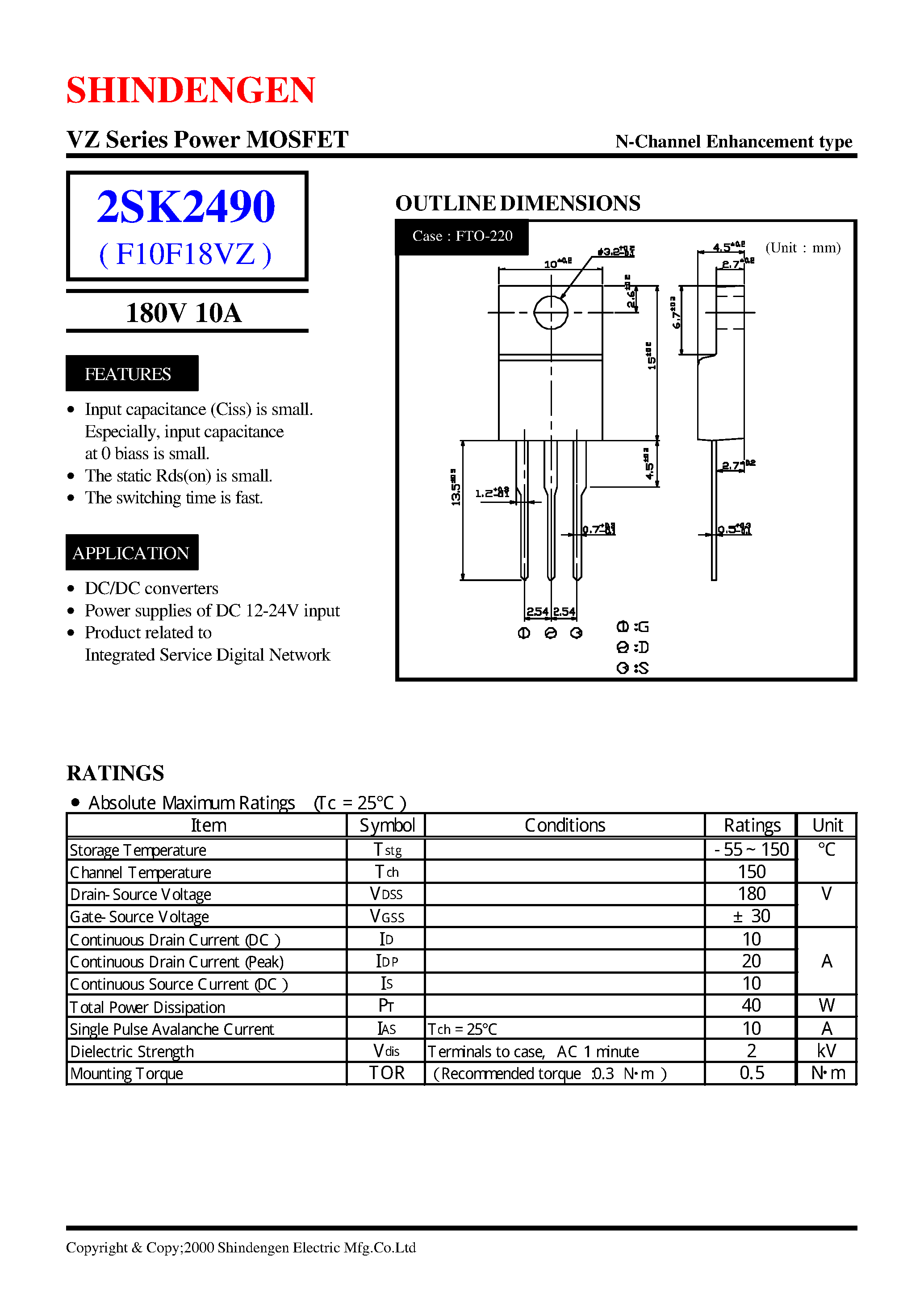 Datasheet 2SK2490 - VZ Series Power MOSFET(180V 10A) page 1
