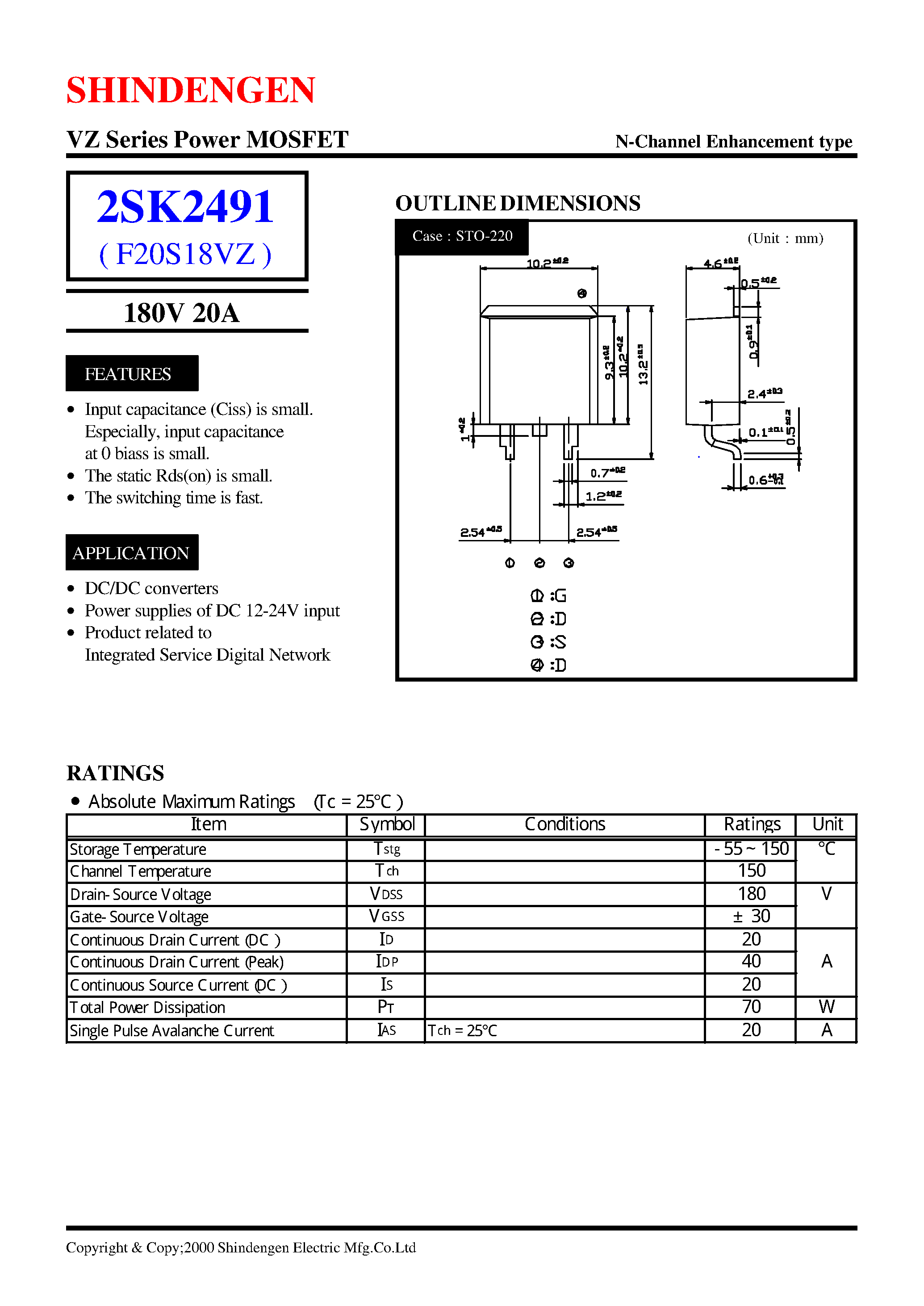 Datasheet 2SK2491 - VZ Series Power MOSFET(180V 20A) page 1