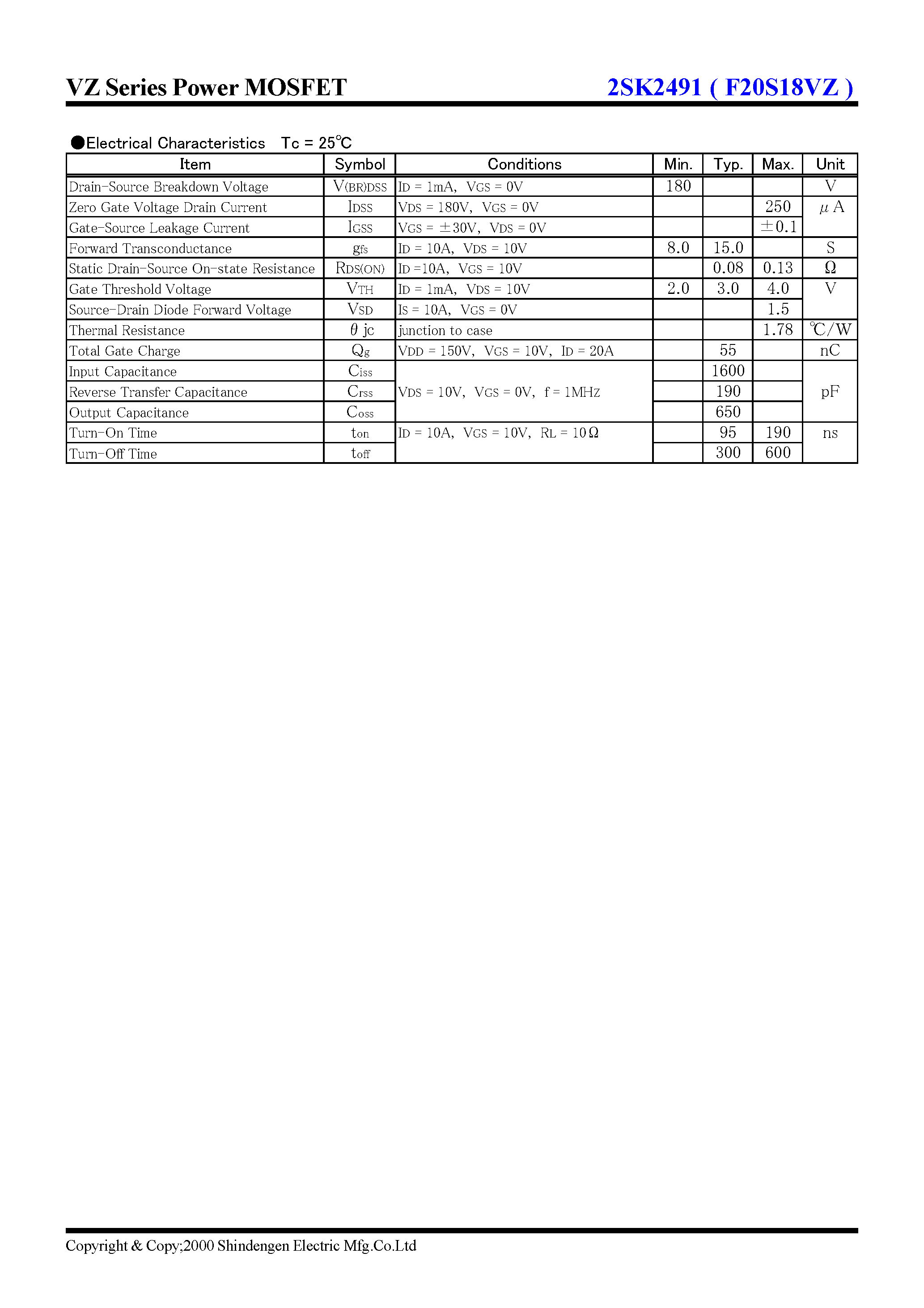 Datasheet 2SK2491 - VZ Series Power MOSFET(180V 20A) page 2