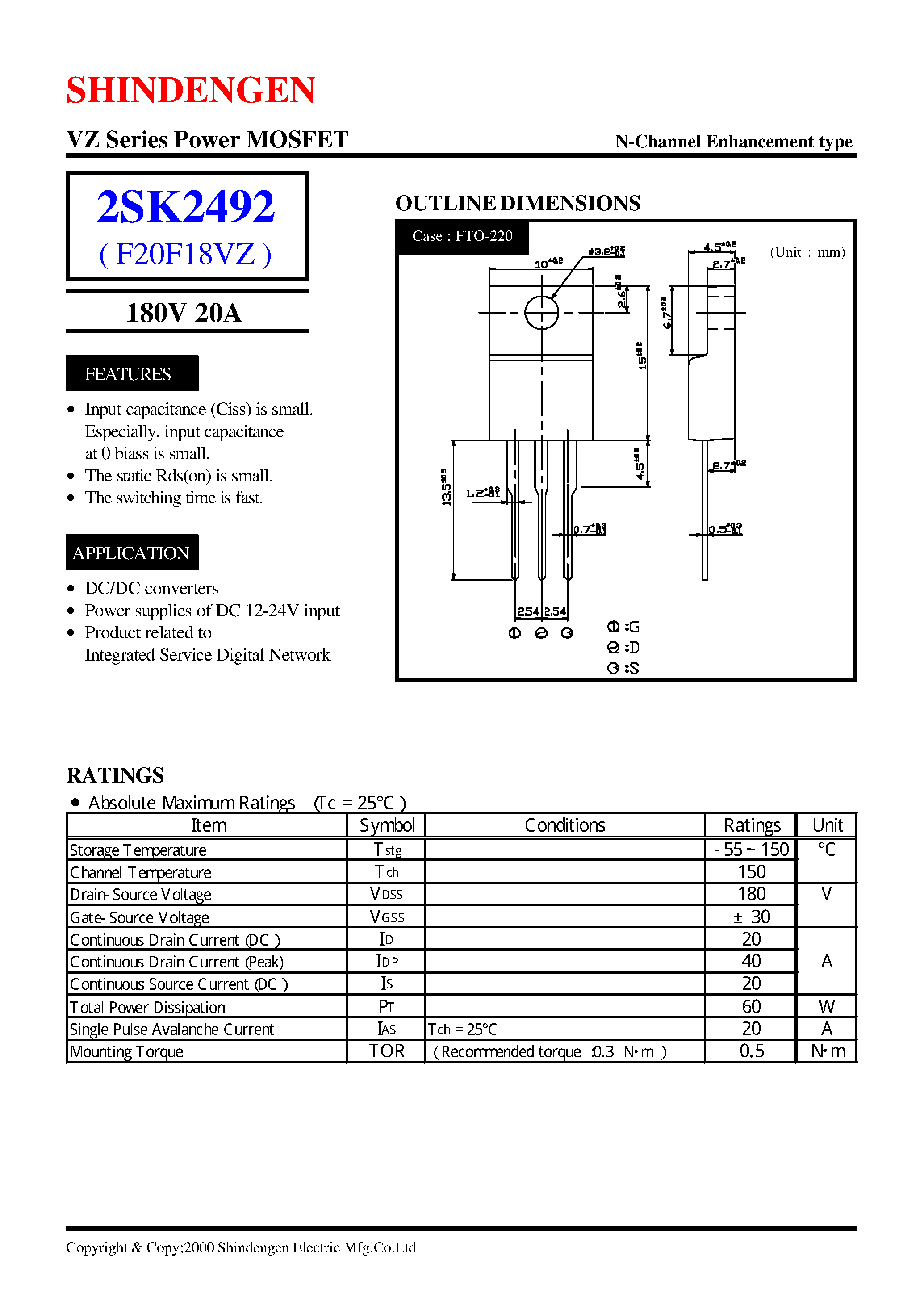 Datasheet 2SK2492 - VZ Series Power MOSFET(180V 20A) page 1