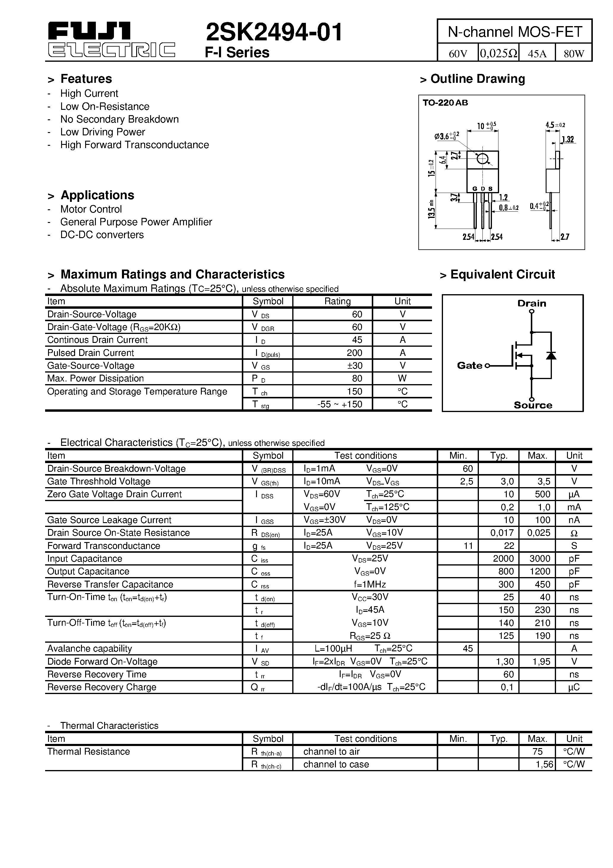 Datasheet 2SK2494-01 - N-channel MOS-FET page 1