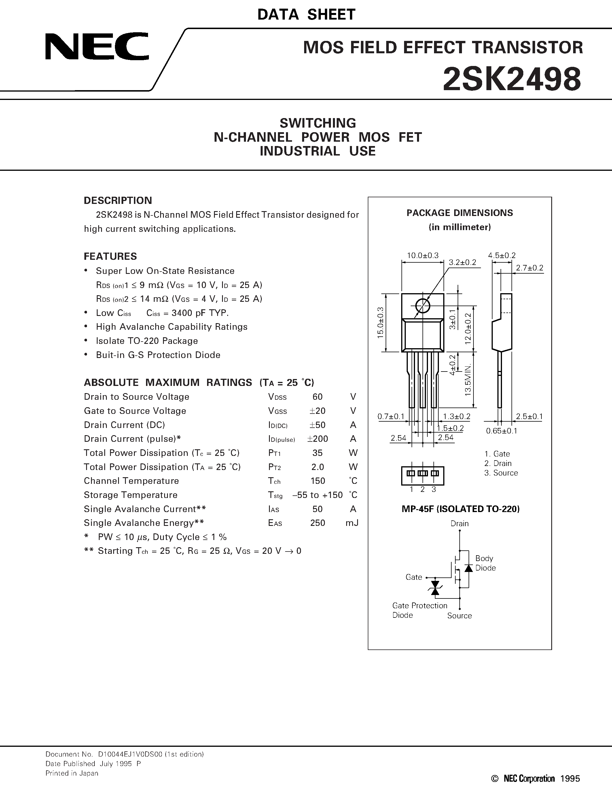 Datasheet 2SK2498 - SWITCHING N-CHANNEL POWER MOS FET INDUSTRIAL USE page 1