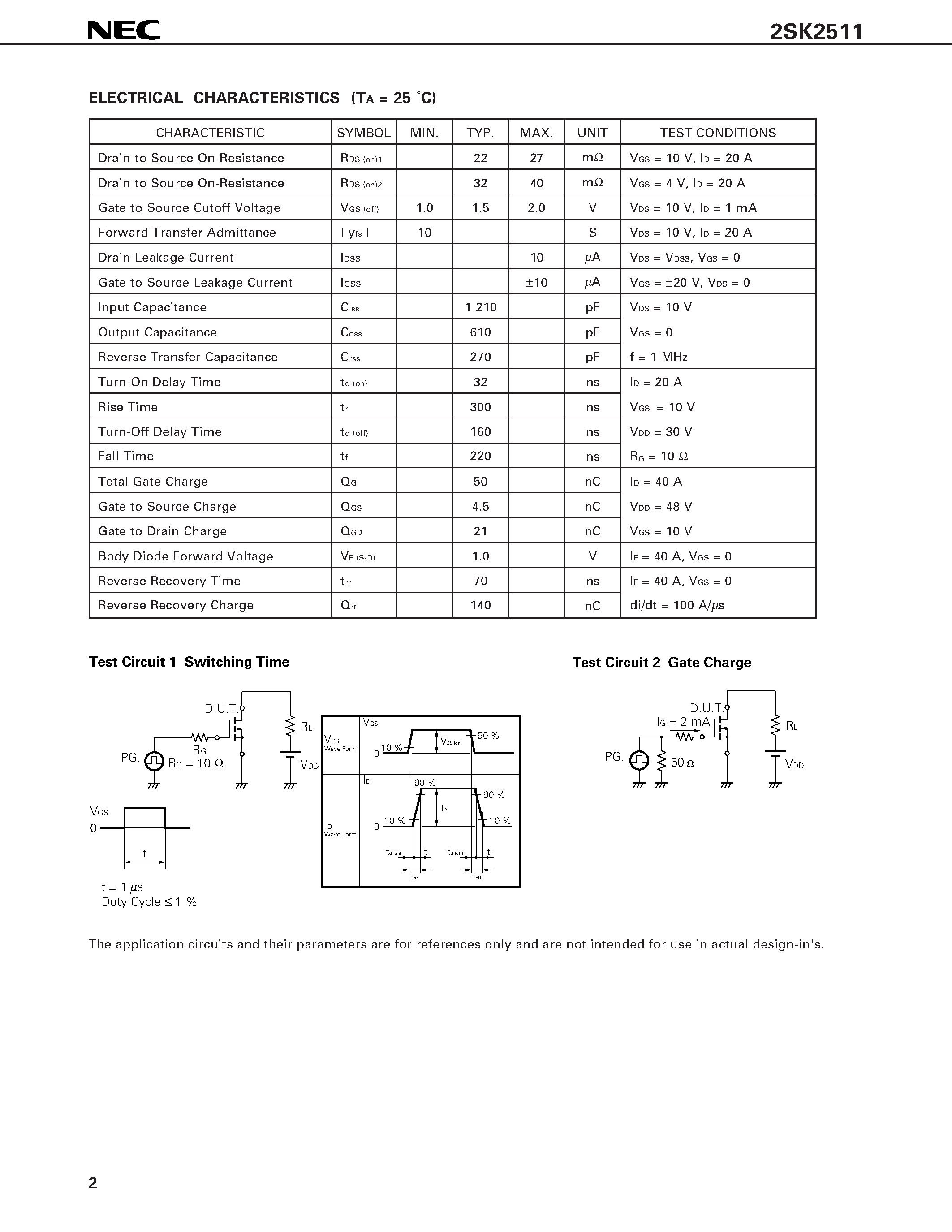 Datasheet 2SK2511 page 2 Datasheet 2SK2511 - SWITCHING N-CHANNEL POWER MOS FET INDUSTRIAL USE page 2