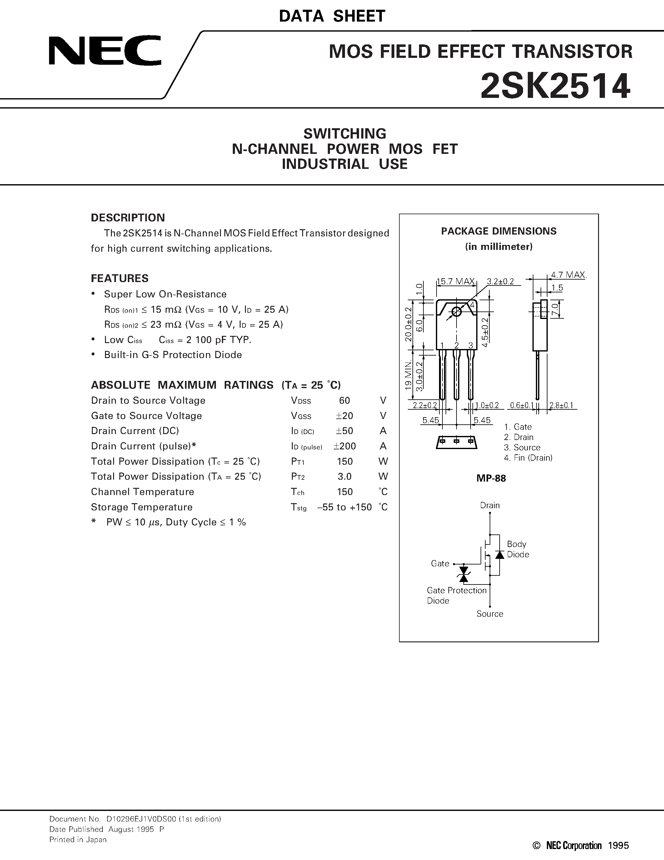 Datasheet 2SK2514 - SWITCHING N-CHANNEL POWER MOS FET INDUSTRIAL USE page 1
