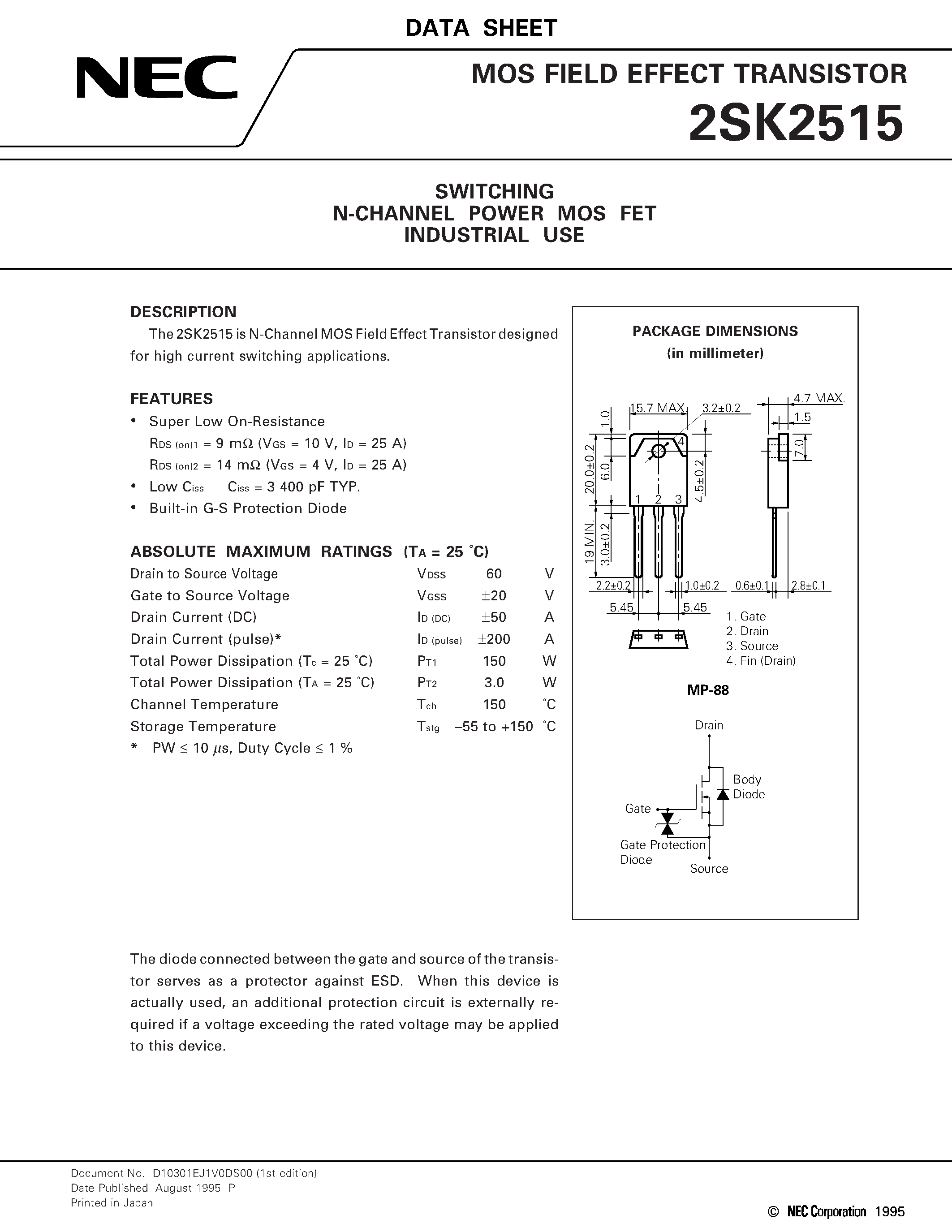 Datasheet 2SK2515 - SWITCHING N-CHANNEL POWER MOS FET INDUSTRIAL USE page 1