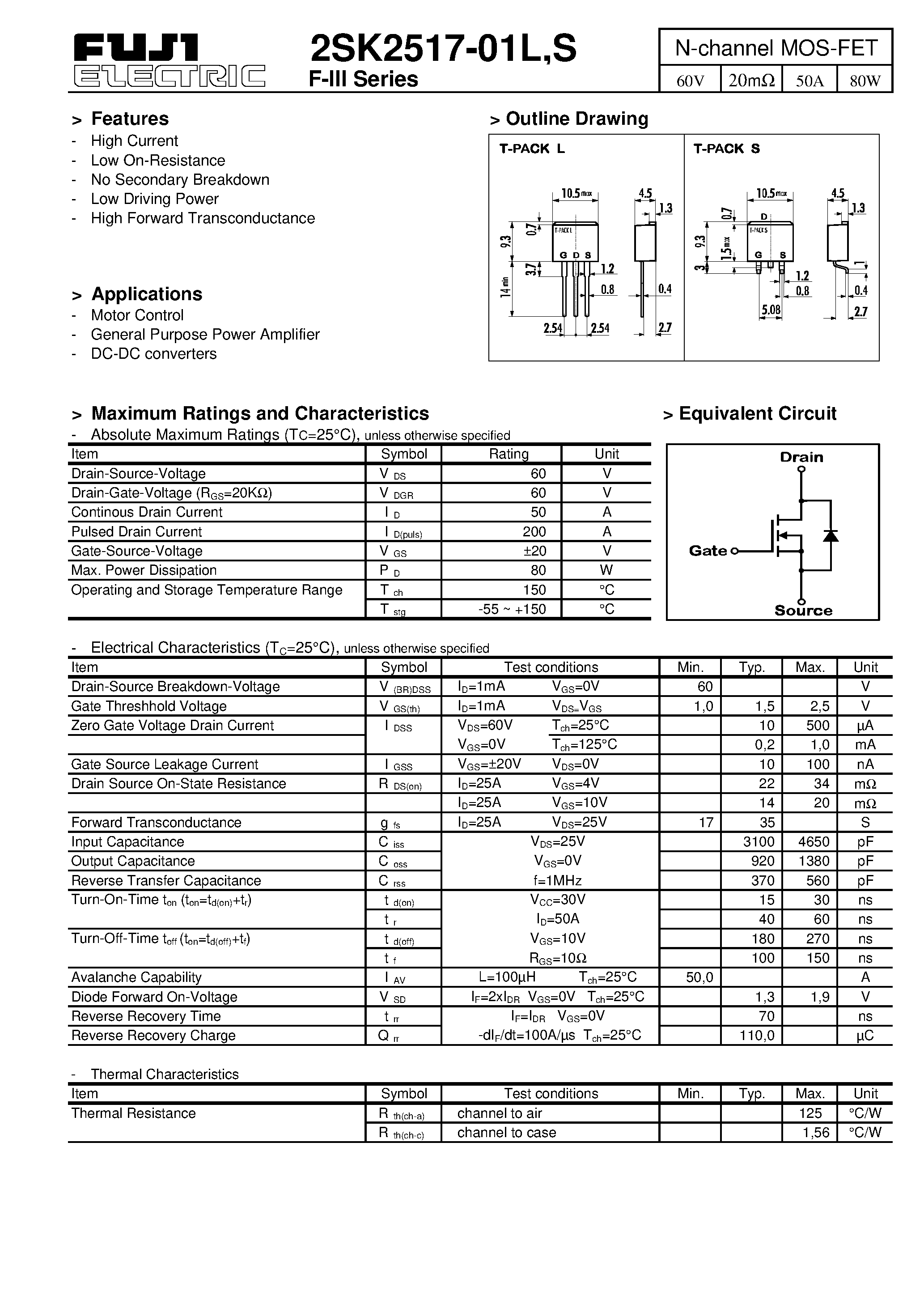 Datasheet 2SK2517-01L page 1 Datasheet 2SK2517-01L - N-channel MOS-FET page 1