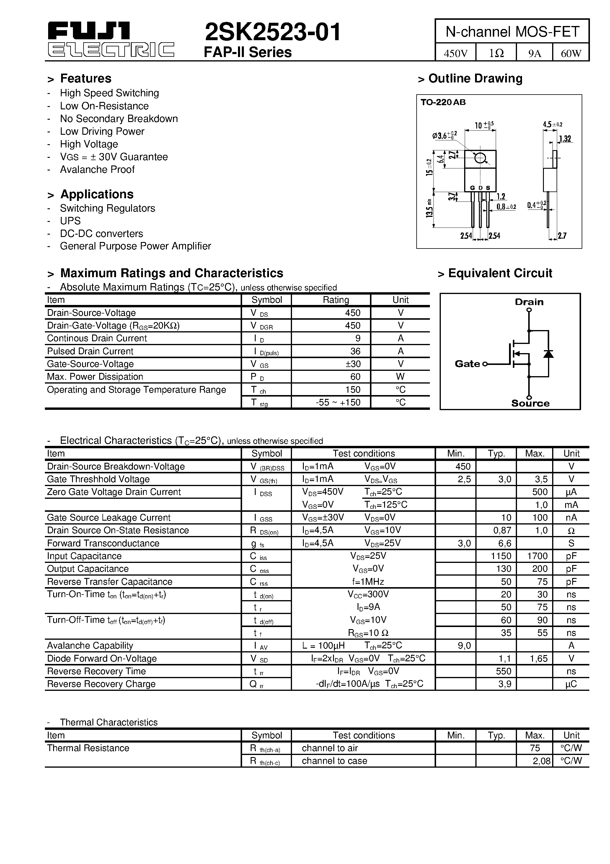 Datasheet 2SK2523-01 - N-channel MOS-FET page 1