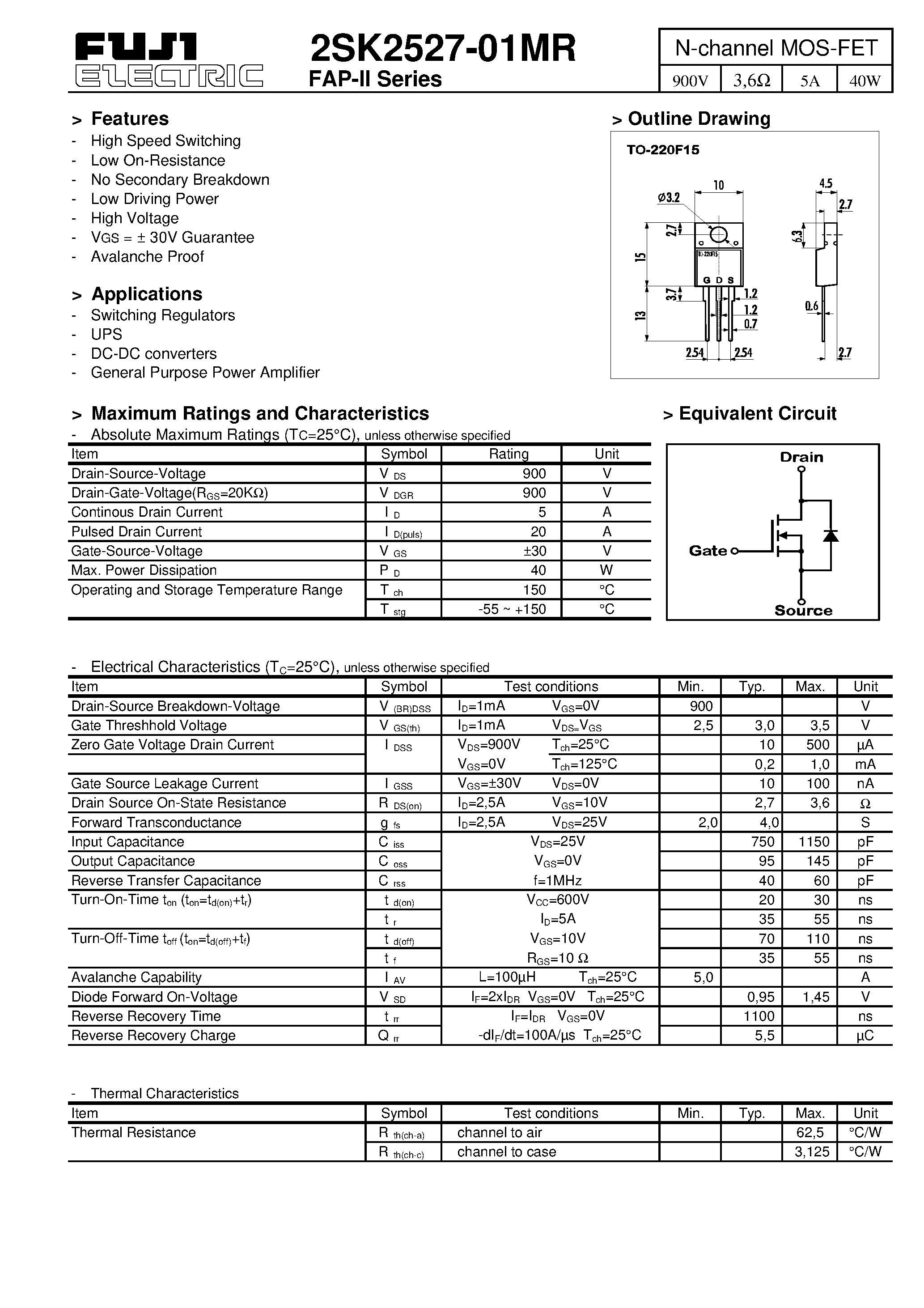 Datasheet 2SK2527-01MR page 1 Datasheet 2SK2527-01MR - N-channel MOS-FET page 1
