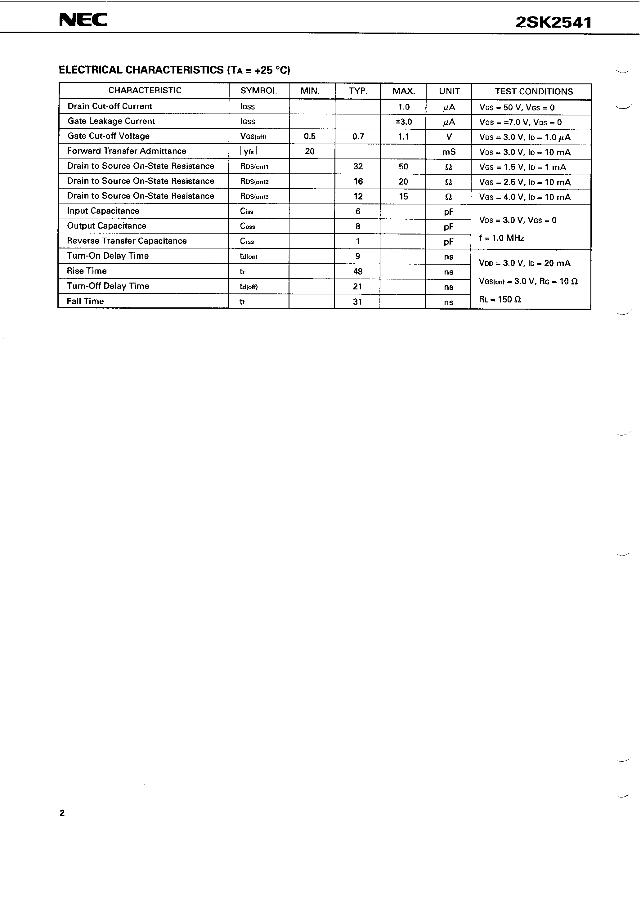 Datasheet 2SK2541 - N-CHANNEL MOS FIELD EFFECT TRANSISTOR FOR HIGH SPEED SWITCHING page 2