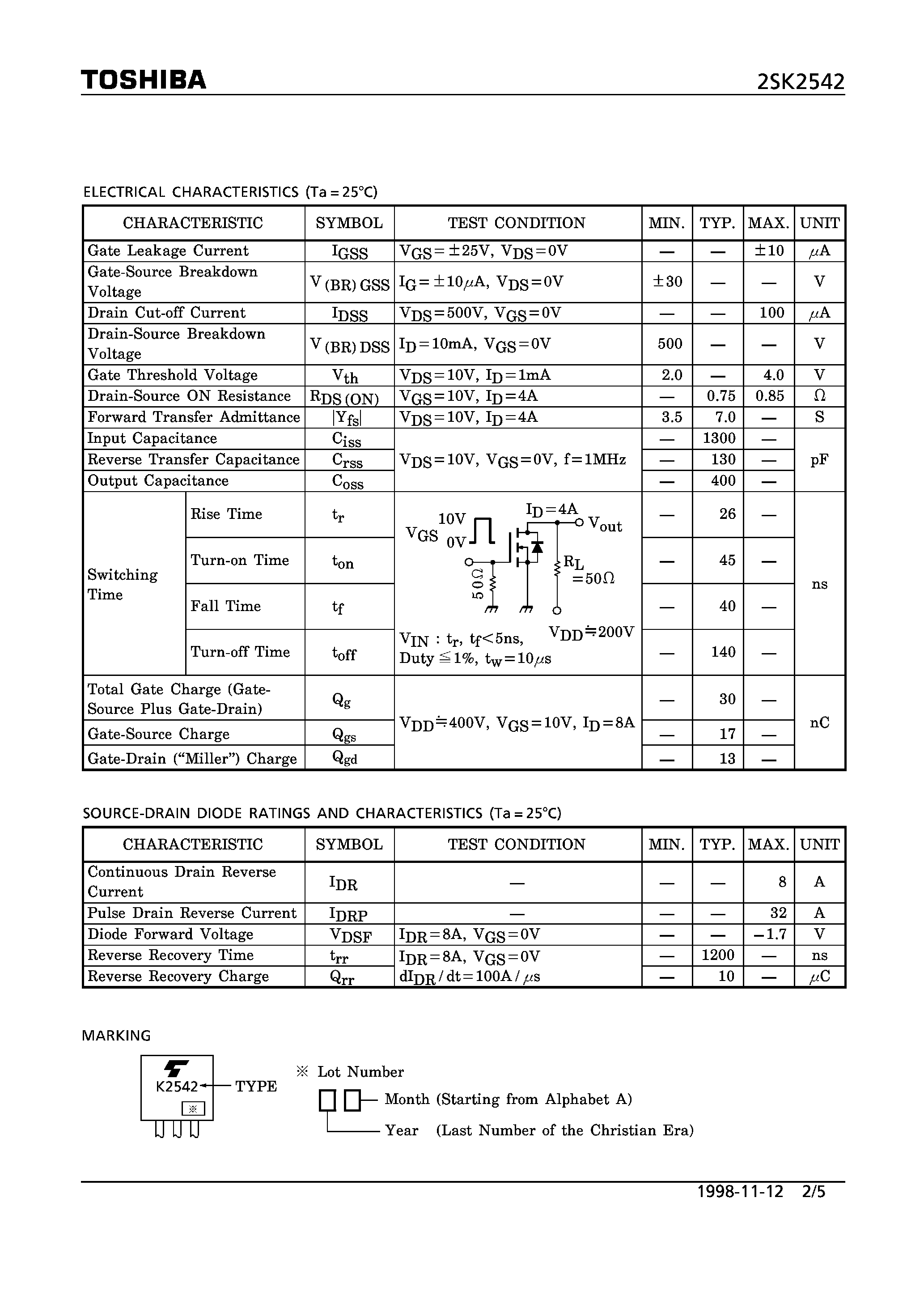 Datasheet 2SK2542 - N CHANNEL MOS TYPE (HIGH SPEED/ HIGH VOLTAGE SWITCHING/ SWITCHING REGULATOR APPLICATIONS) page 2
