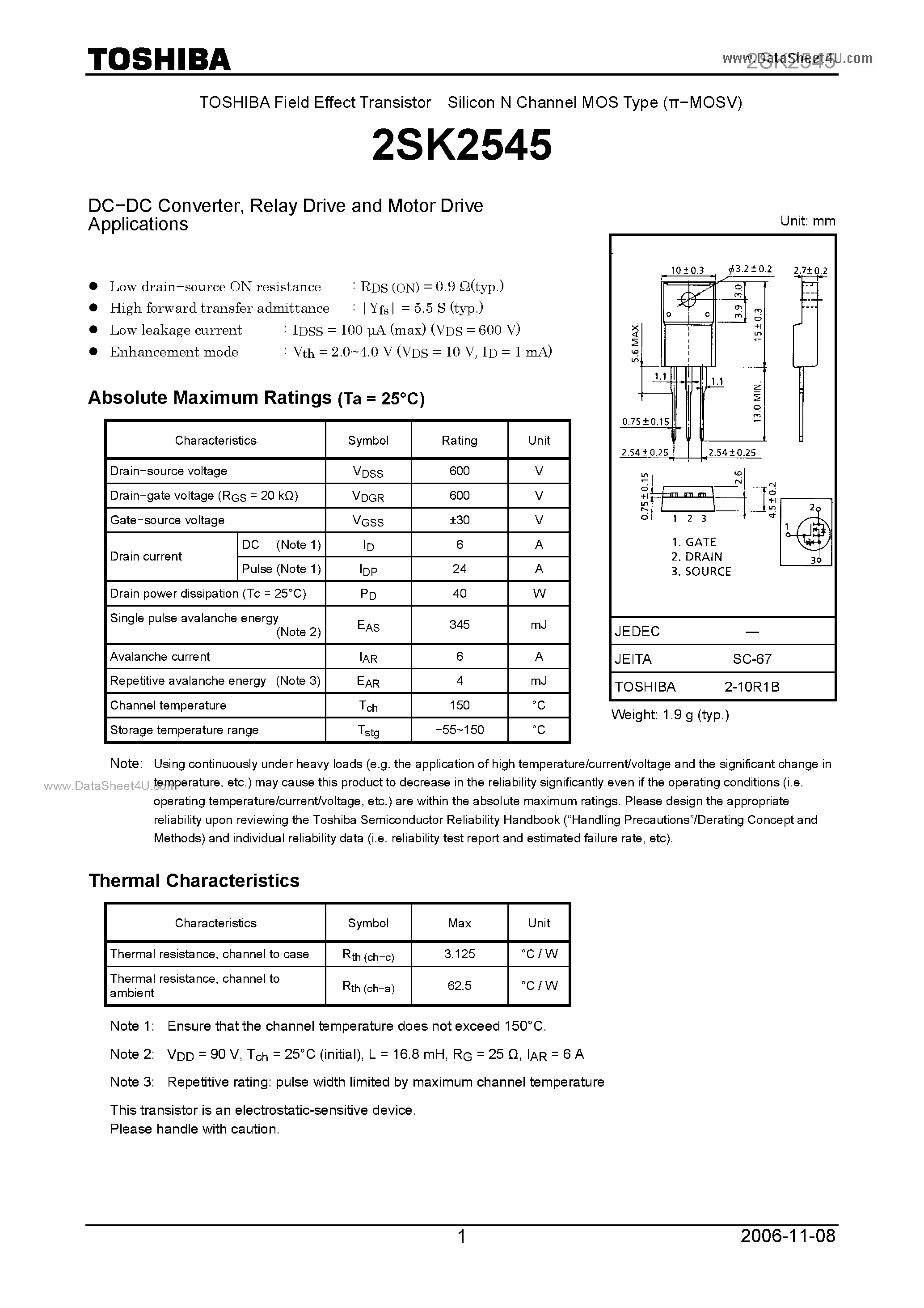 Datasheet 2SK2545 - FET Silicon N Channel Mos Type(for High speed/ High Voltage Switching) page 1