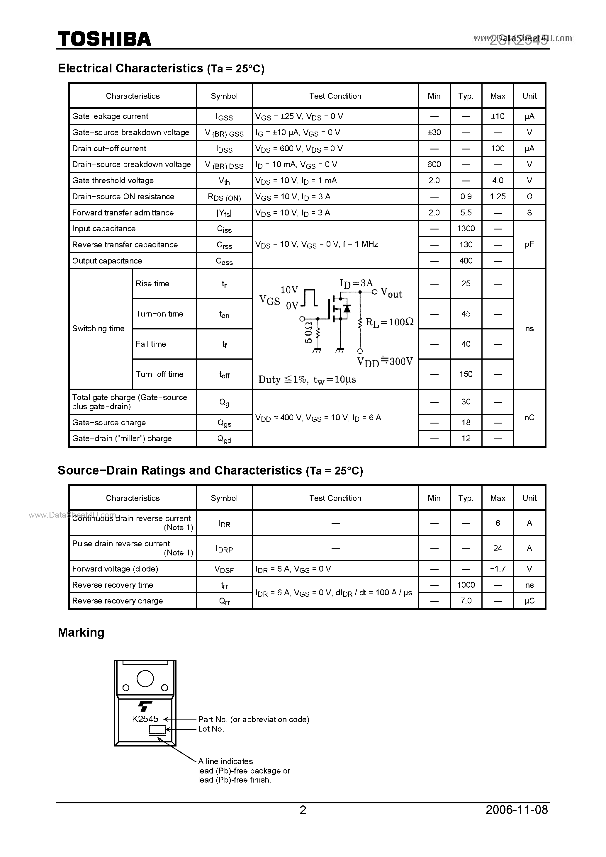 Datasheet 2SK2545 - FET Silicon N Channel Mos Type(for High speed/ High Voltage Switching) page 2
