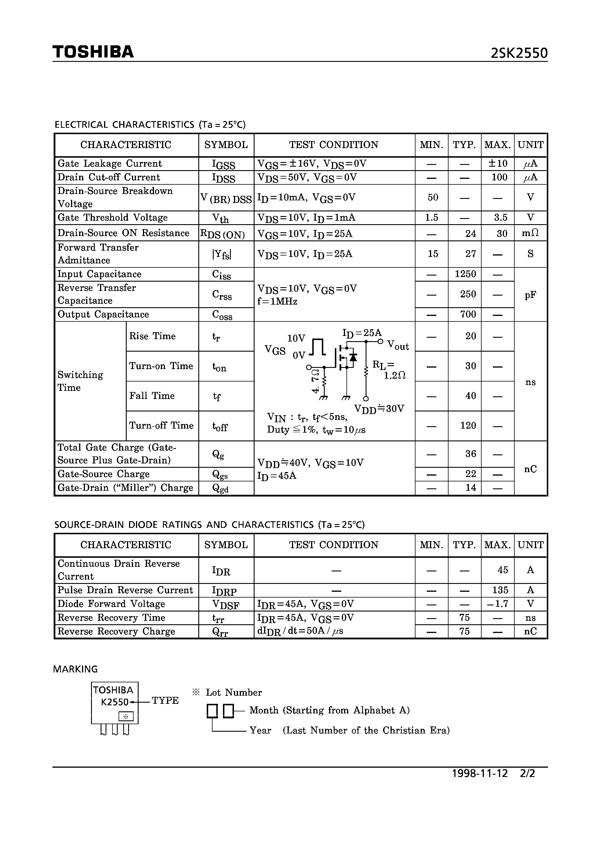 Datasheet 2SK2550 - N CHANNEL MOS TYPE (HIGH SPEED/ HIGH VOLTAGE SWITCHING/ CHOPPER REGULATOR/ DC-DC CONVERTER AND MOTOR DRIVE APPLICATIONS) page 2