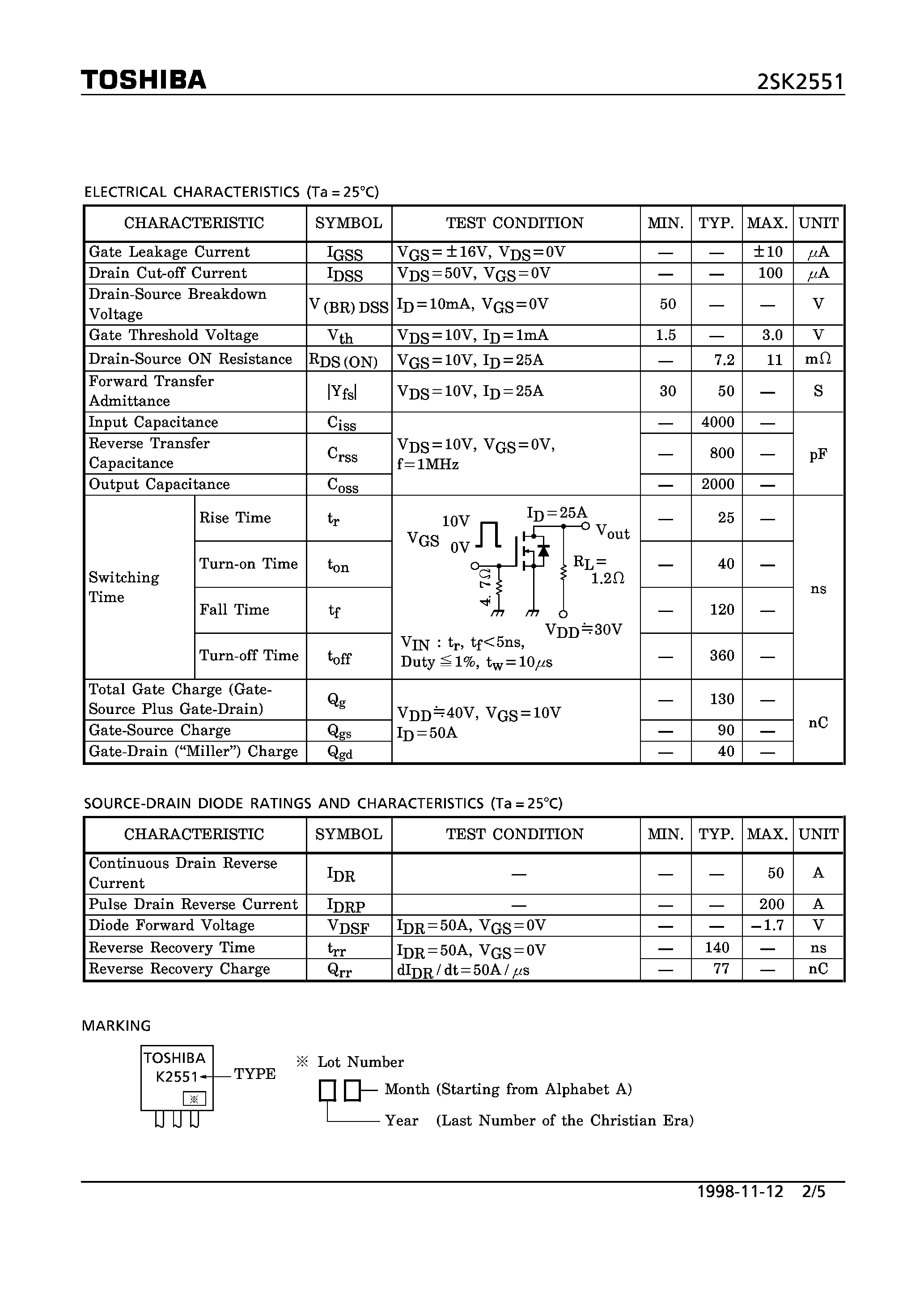 Datasheet 2SK2551 - N CHANNEL MOS TYPE (HIGH SPEED/ HIGH VOLTAGE SWITCHING/ CHOPPER REGULATOR/ DC-DC CONVERTER AND MOTOR DRIVE APPLICATIONS) page 2
