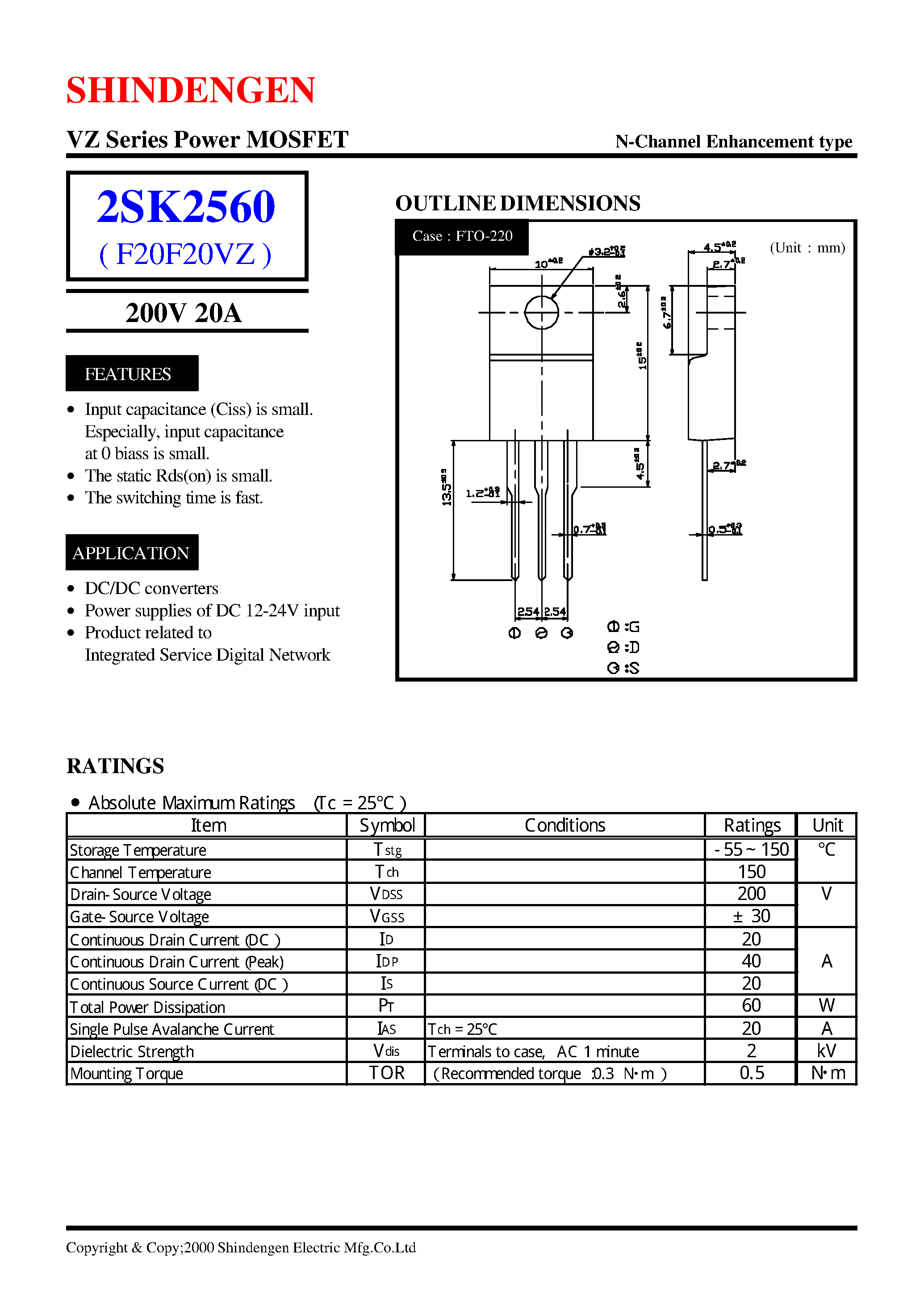 Datasheet 2SK2560 - VZ Series Power MOSFET(200V 20A) page 1