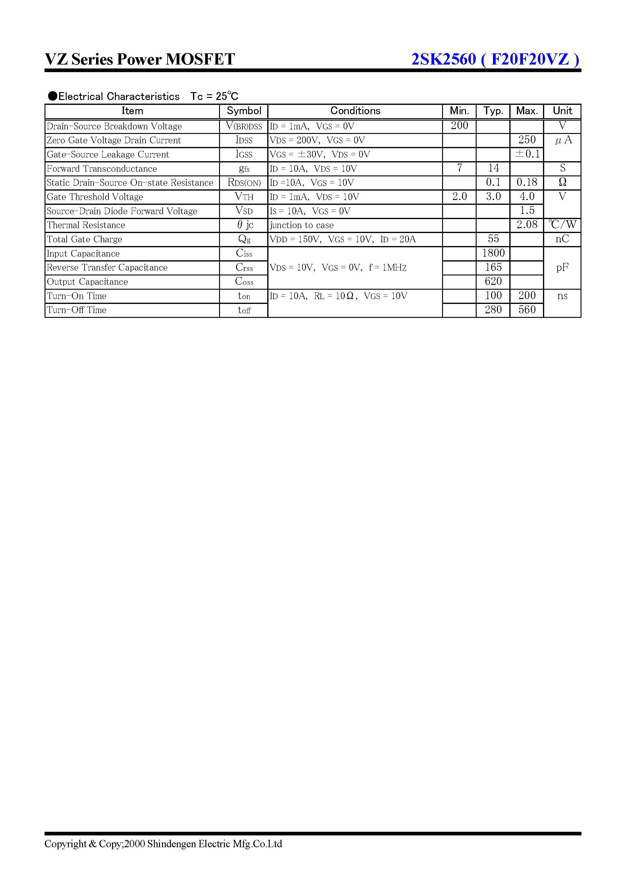 Datasheet 2SK2560 - VZ Series Power MOSFET(200V 20A) page 2