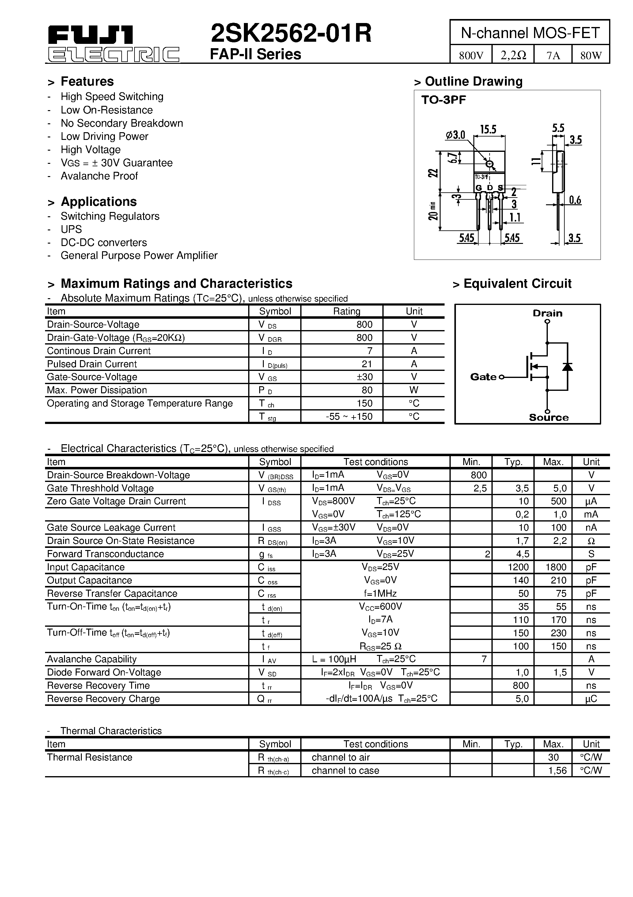 Datasheet 2SK2561-01R - N-channel MOS-FET page 1