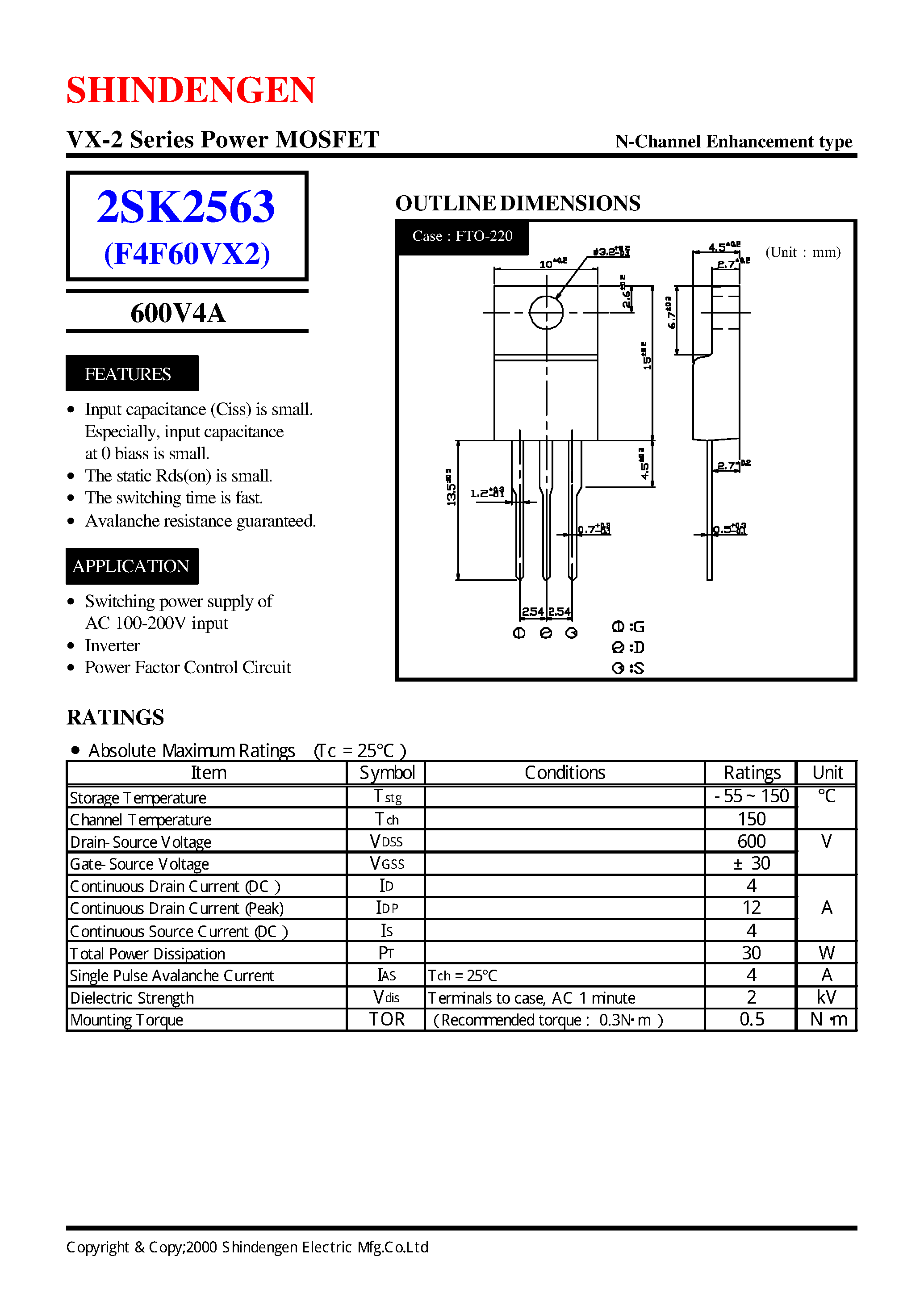 Datasheet 2SK2563 - VX-2 Series Power MOSFET(600V4A) page 1