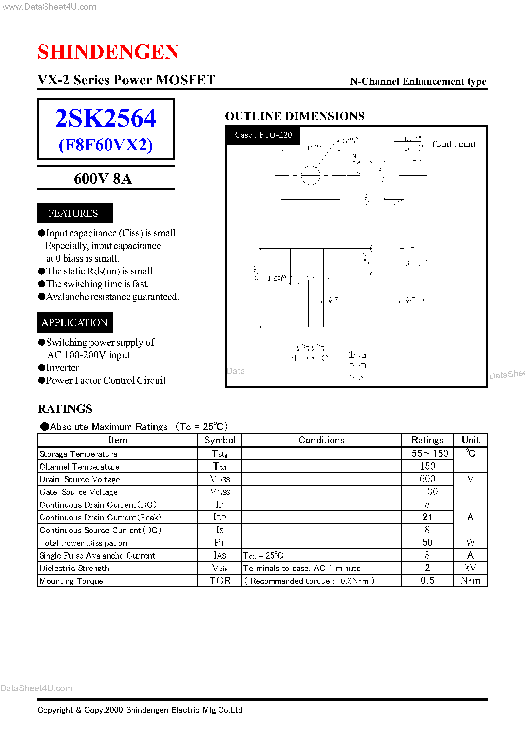 Datasheet 2SK2564 - VX-2 Series Power MOSFET(600V 8A) page 1