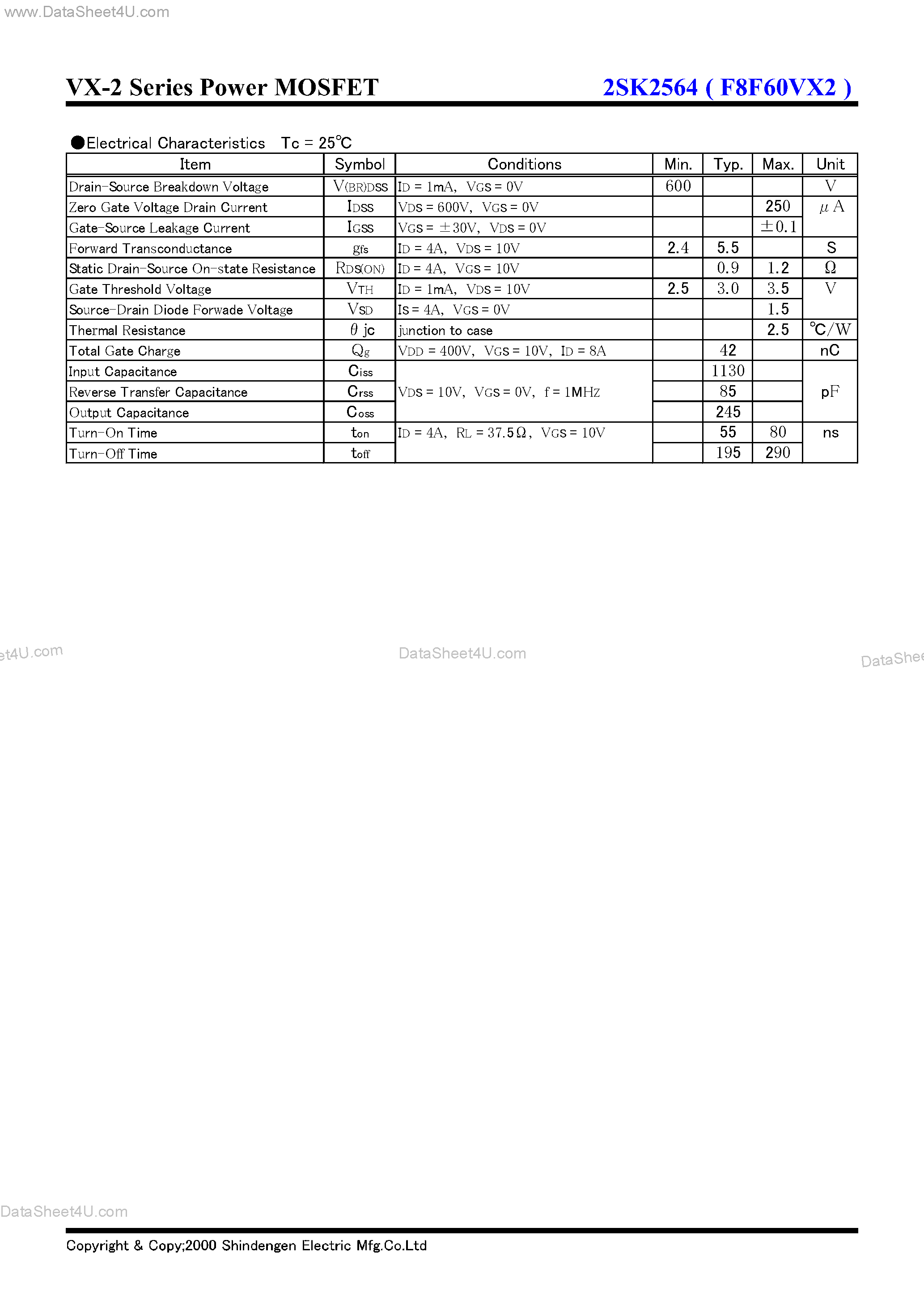 Datasheet 2SK2564 - VX-2 Series Power MOSFET(600V 8A) page 2