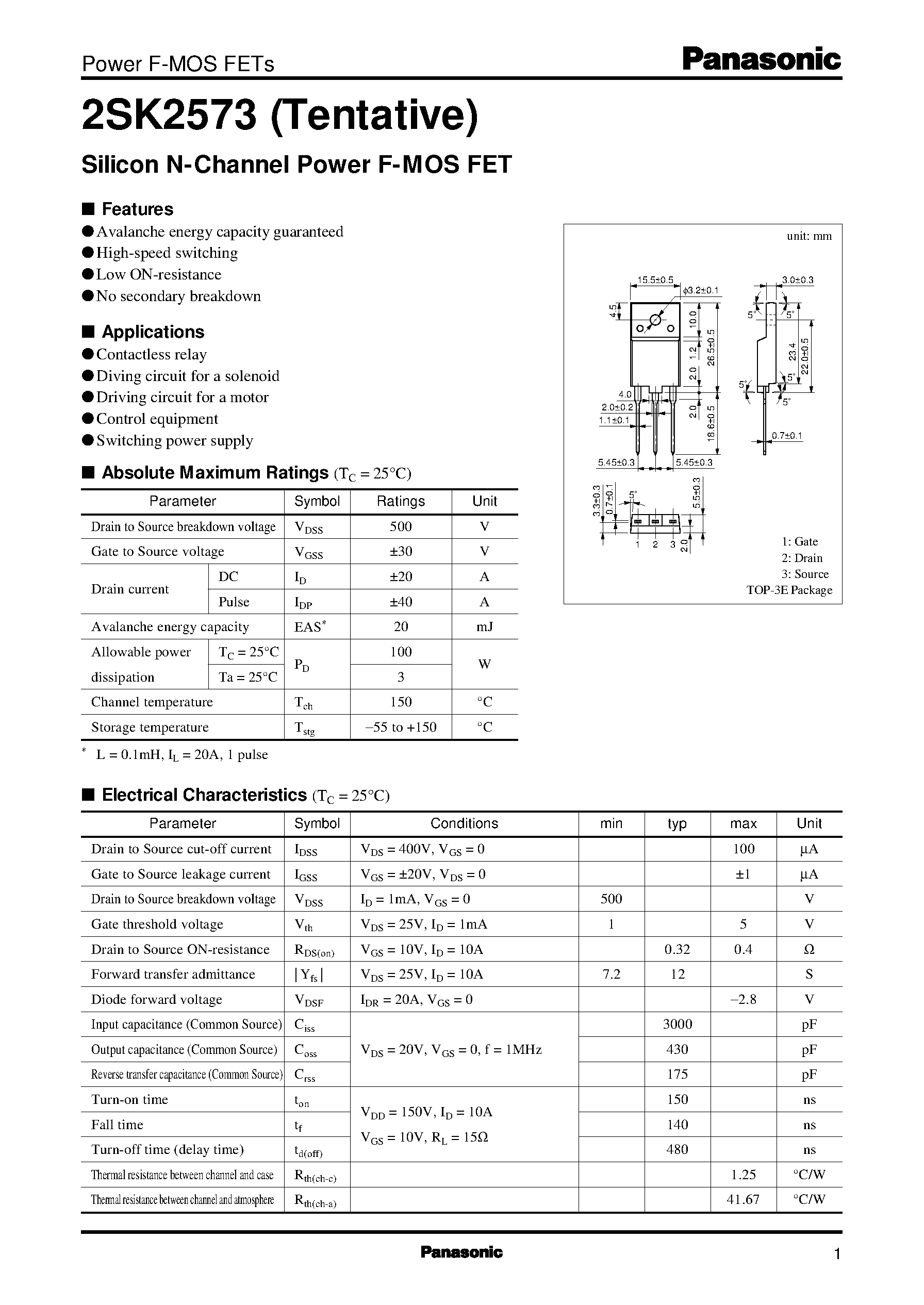 Datasheet 2SK2573 - Silicon N-Channel Power F-MOS FET page 1