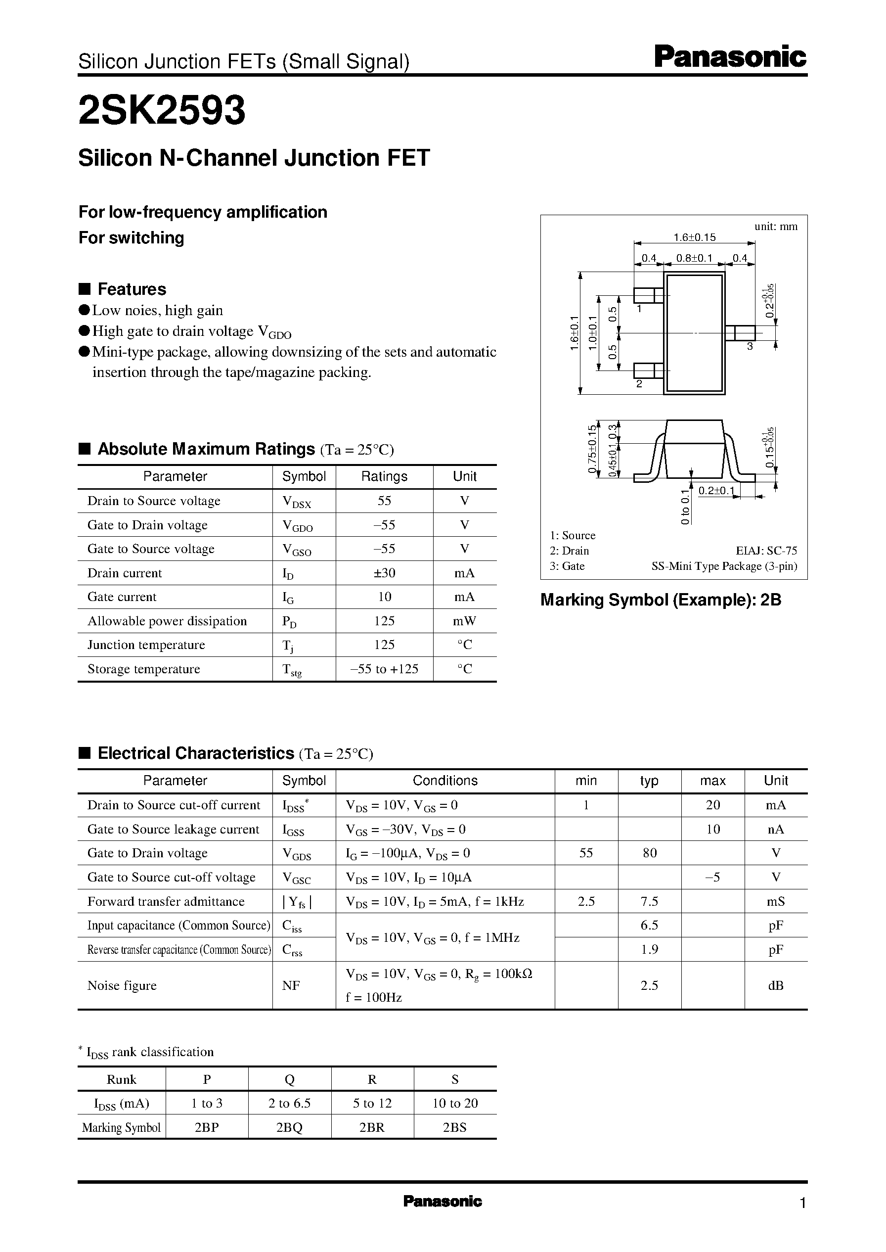 Даташит на микросхему 2SK2593 страница 1 Даташит 2SK2593 - Silicon N-Channel Junction FET страница 1