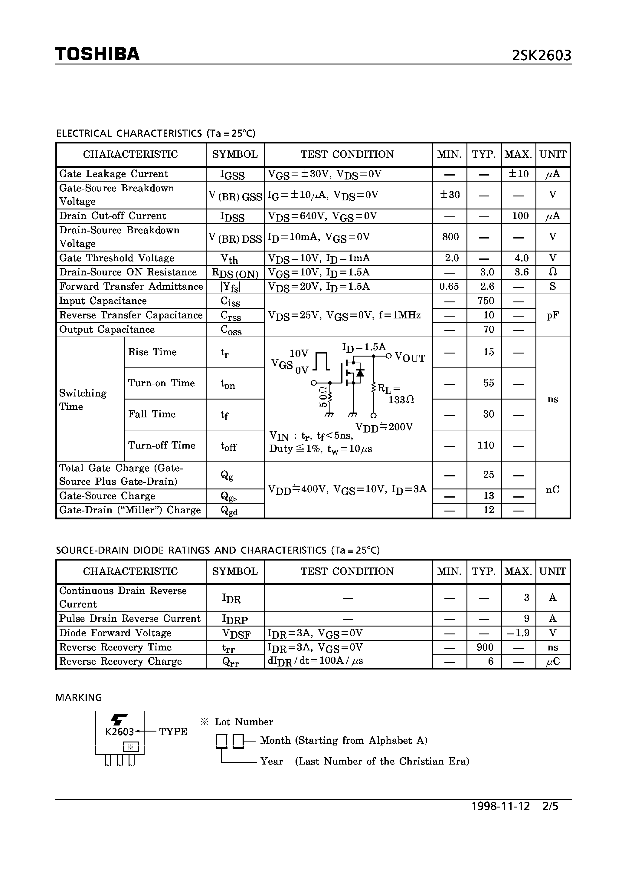 Даташит 2SK2603 - N CHANNEL MOS TYPE (HIGH SPEED/ HIGH VOLTAGE SWITCHING/ CHOPPER REGULATOR/ DC-DC CONVERTER AND MOTOR DRIVE APPLICATIONS) страница 2