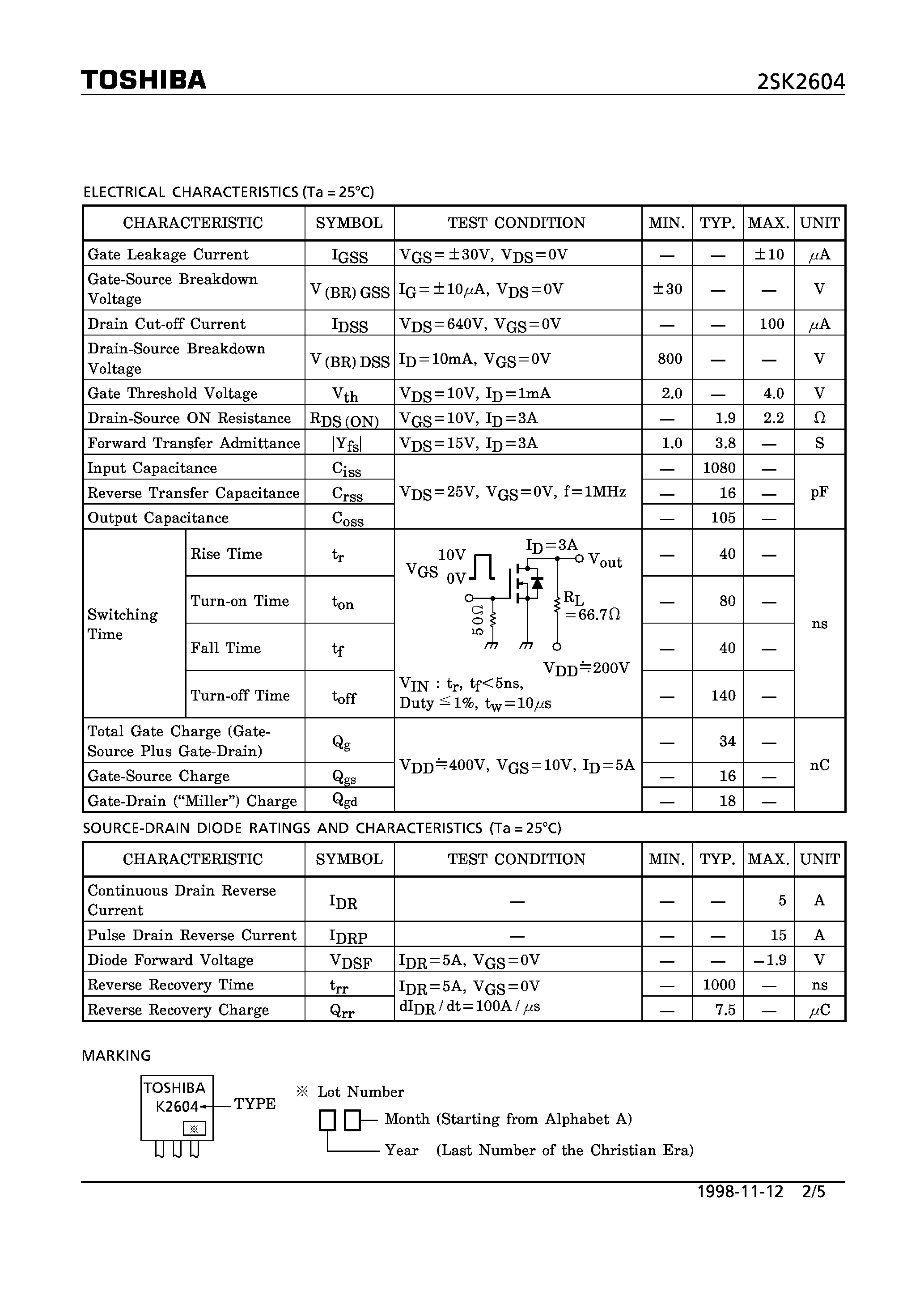 Datasheet 2SK2604 - N CHANNEL MOS TYPE (HGIH SPEED/ HIGH VOLTAGE SWITCHIN/ SWITCHING REGULATOR APPLICATIONS) page 2