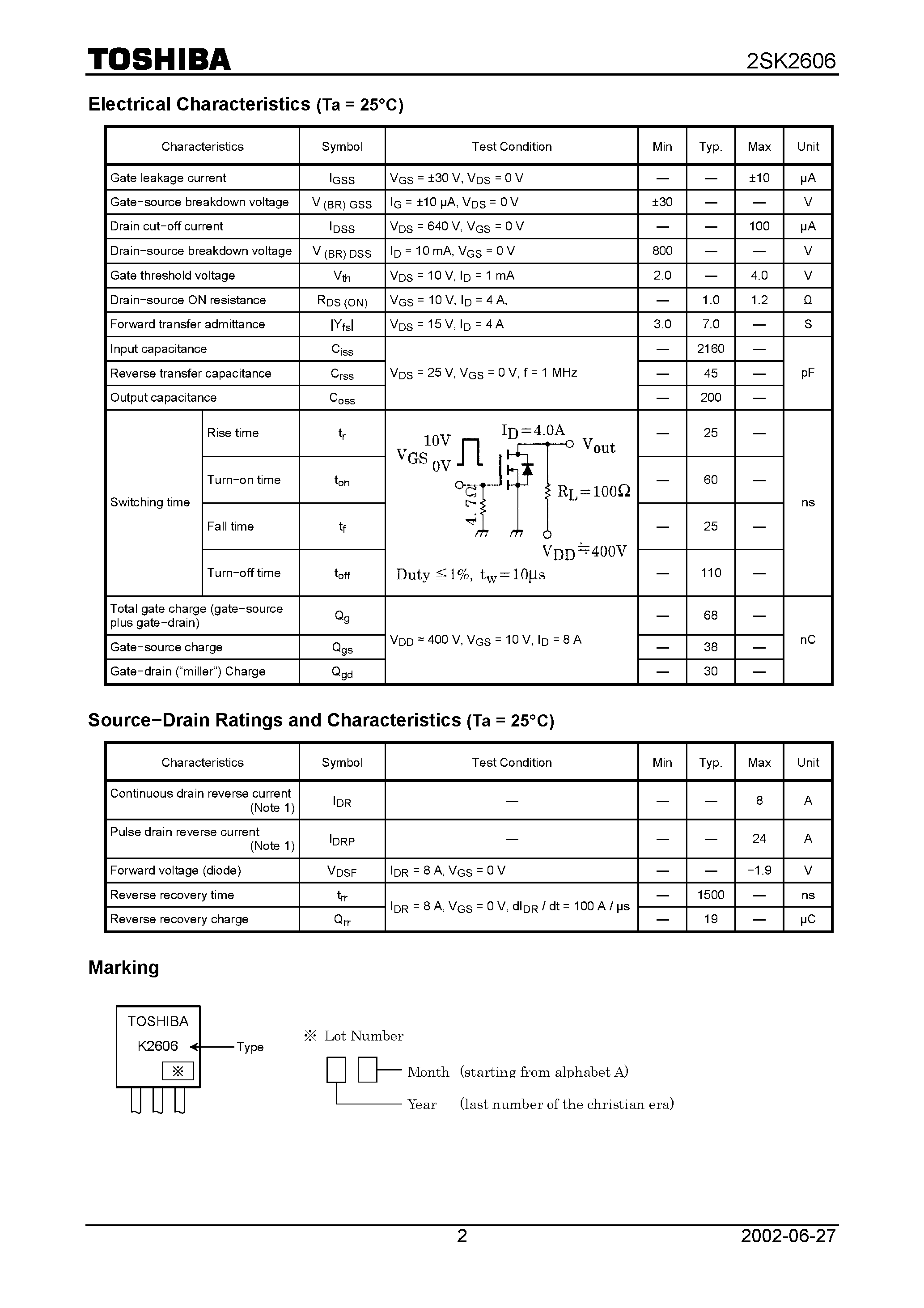 Datasheet 2SK2606 page 2 Datasheet 2SK2606 - N CHANNEL MOS TYPE (DC-DC CONVERTER/ RELAY DRIVE AND MOTOR DRIVE APPLICATIONS) page 2