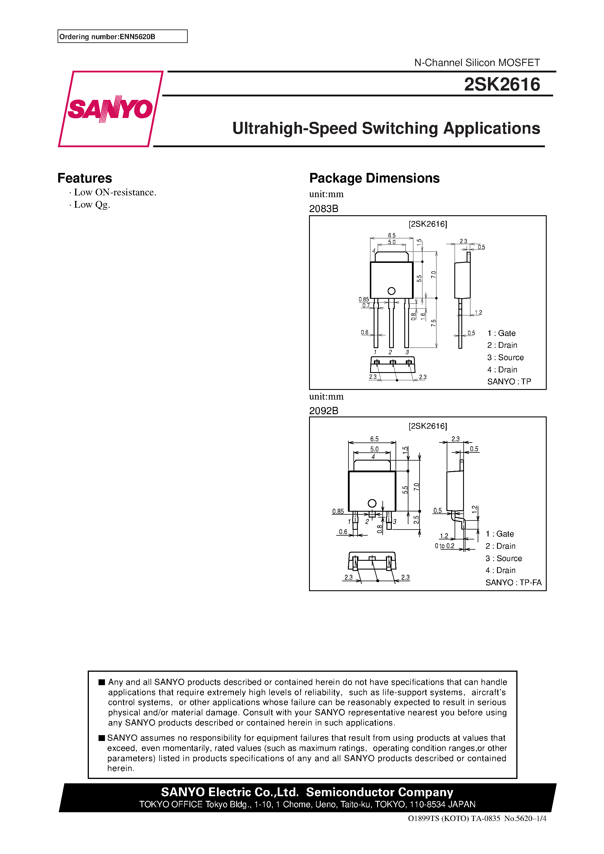 Datasheet 2SK2616 - Ultrahigh-Speed Switching Applications page 1