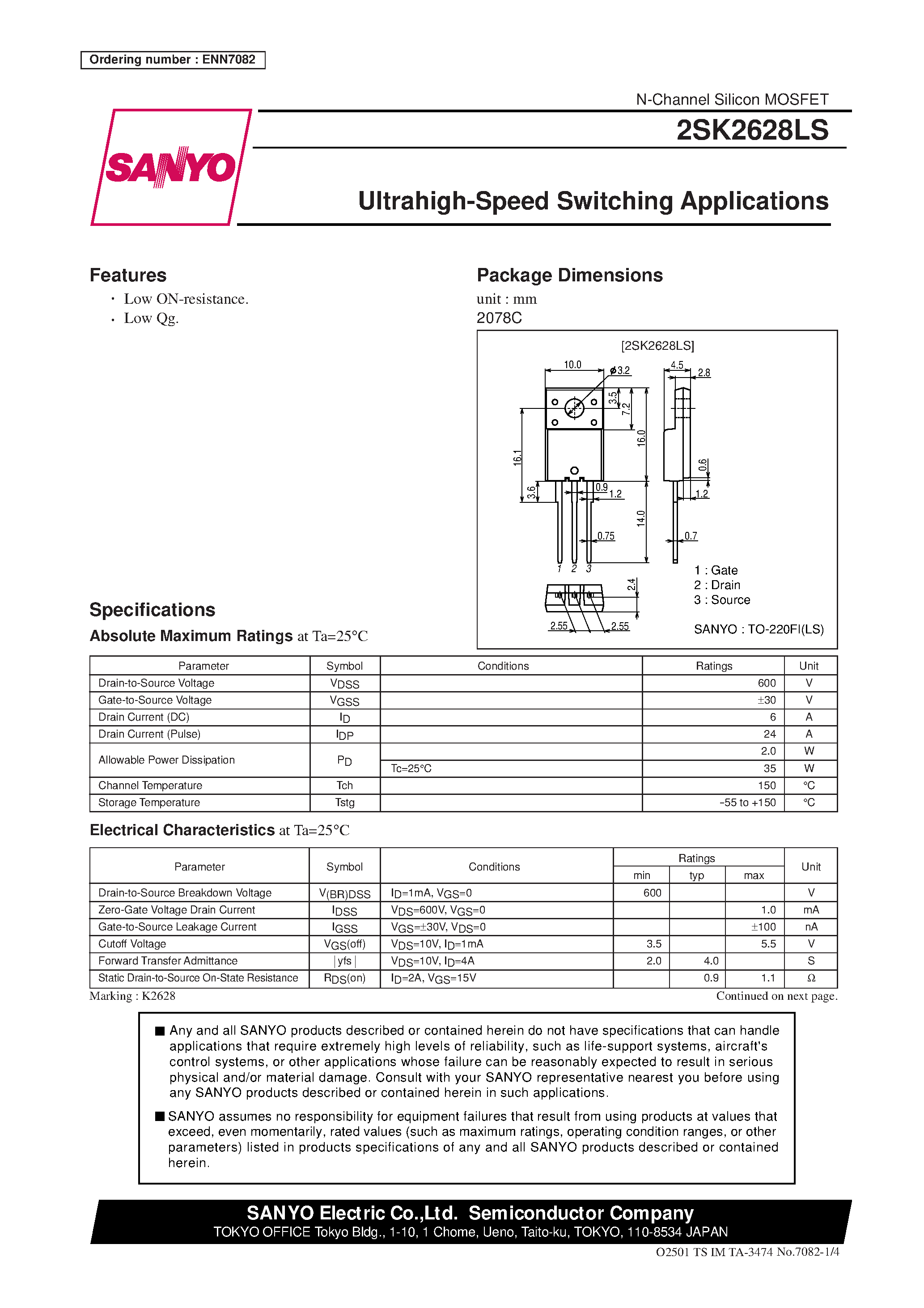 Даташит на микросхему 2SK2628LS страница 1 Даташит 2SK2628LS - Ultrahigh-Speed Switching Applications страница 1