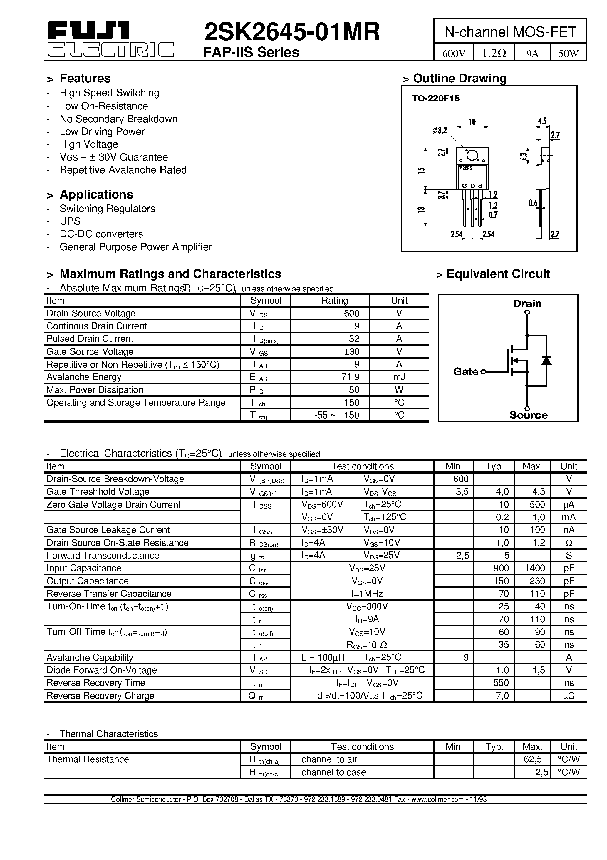 Datasheet 2SK2645 - N-channel MOS-FET page 1