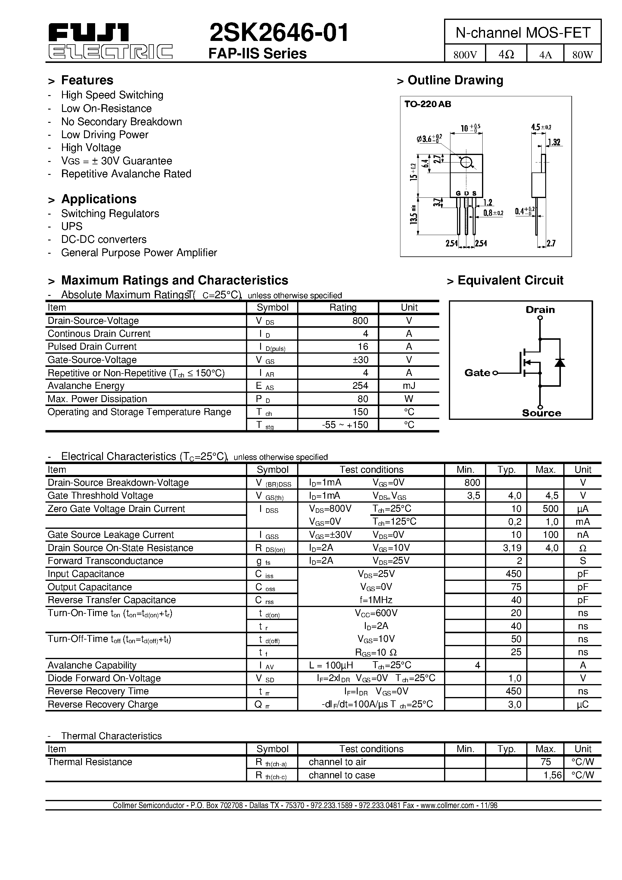 Datasheet 2SK2646-01 page 1 Datasheet 2SK2646-01 - N-channel MOS-FET page 1