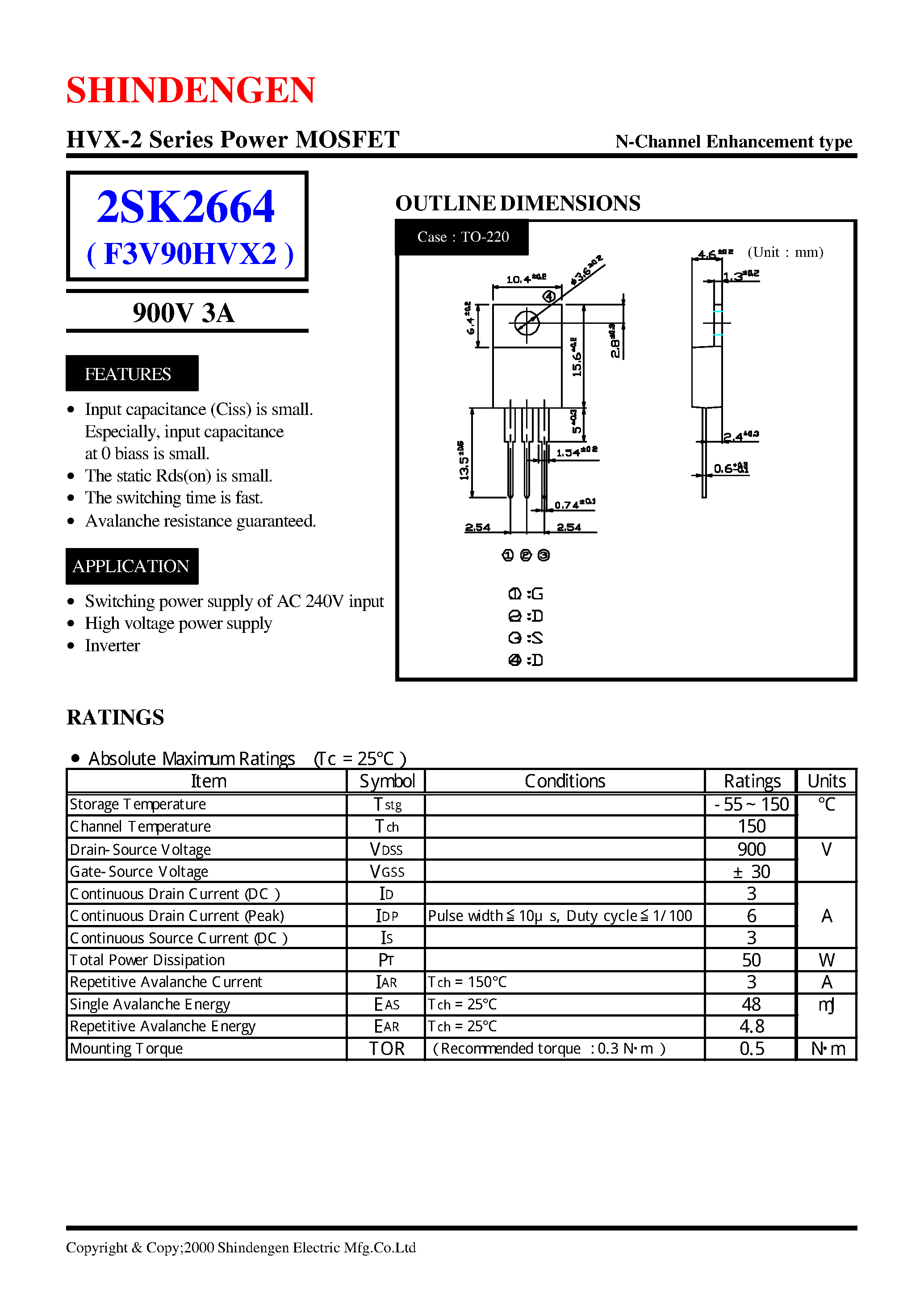 Даташит 2SK2664 - HVX-2 Series Power MOSFET(900V 3A) страница 1
