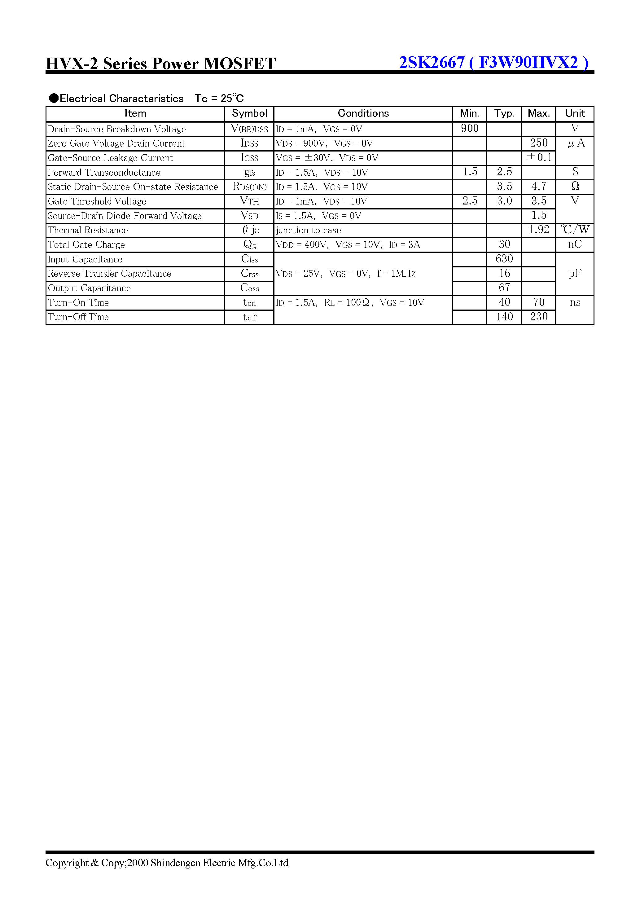 Даташит 2SK2667 - HVX-2 Series Power MOSFET(900V 3A) страница 2