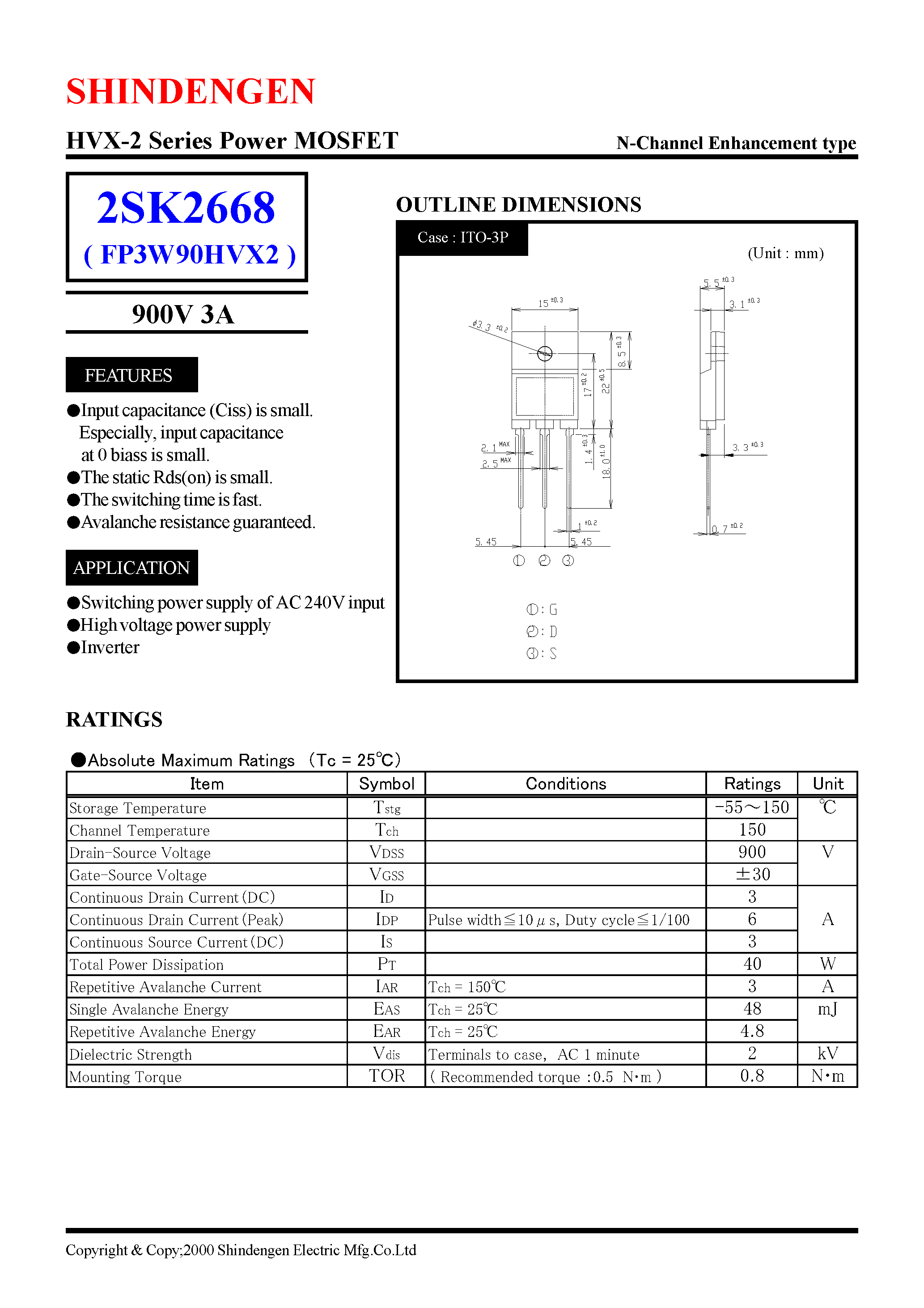 Даташит 2SK2668 - HVX-2 Series Power MOSFET(900V 3A) страница 1