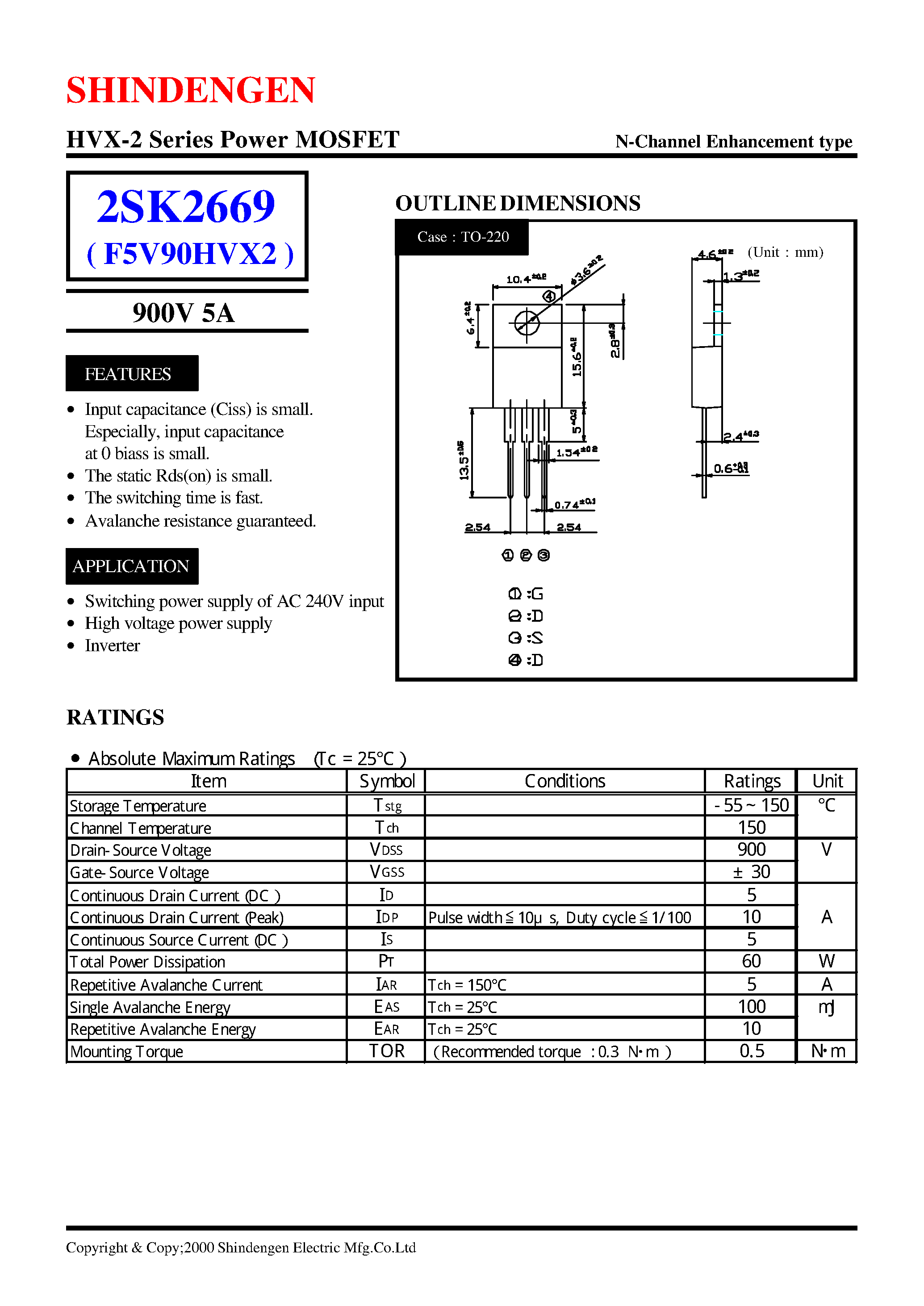 Даташит 2SK2669 - HVX-2 Series Power MOSFET(900V 5A) страница 1