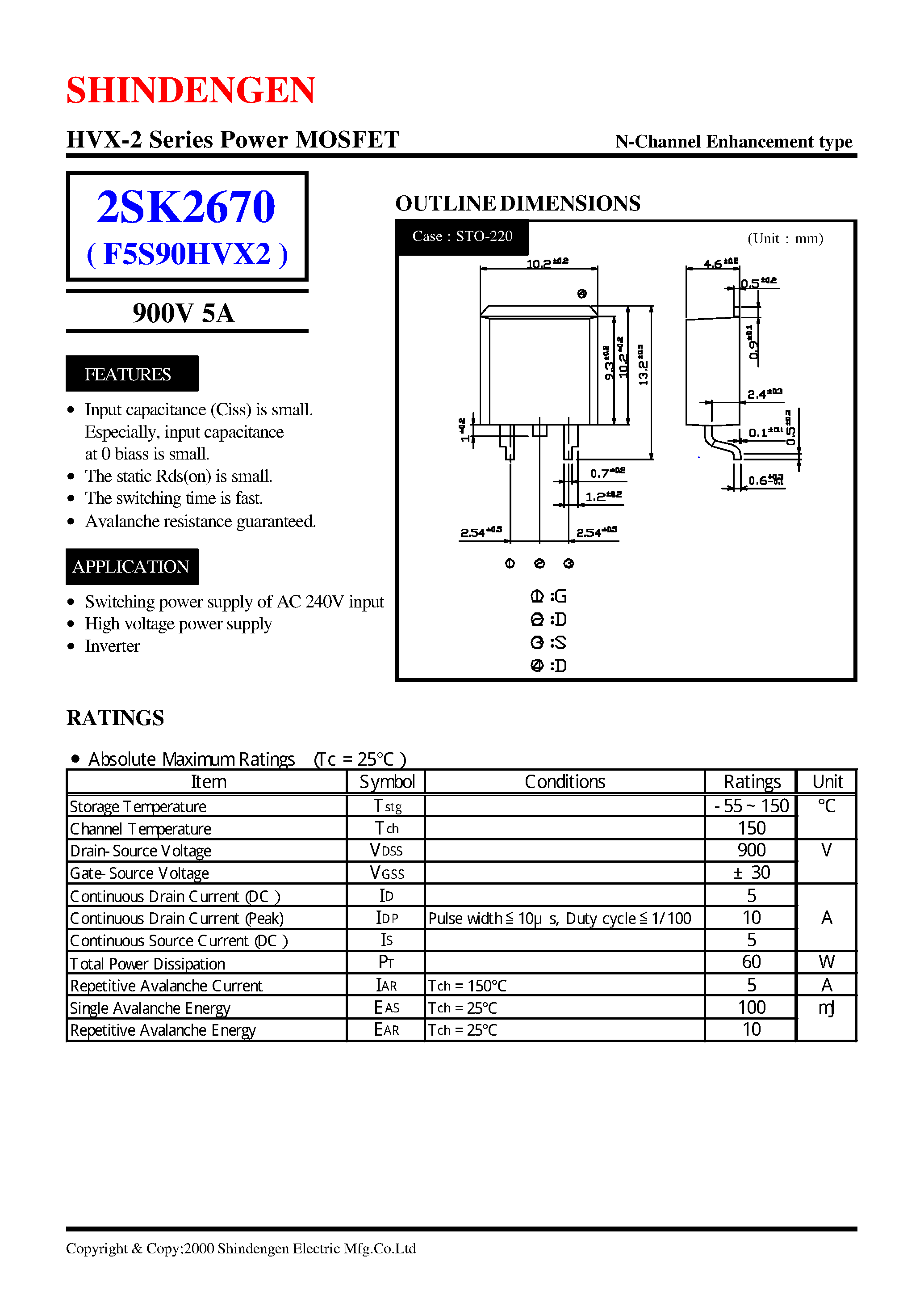 Даташит 2SK2670 - HVX-2 Series Power MOSFET(900V 5A) страница 1