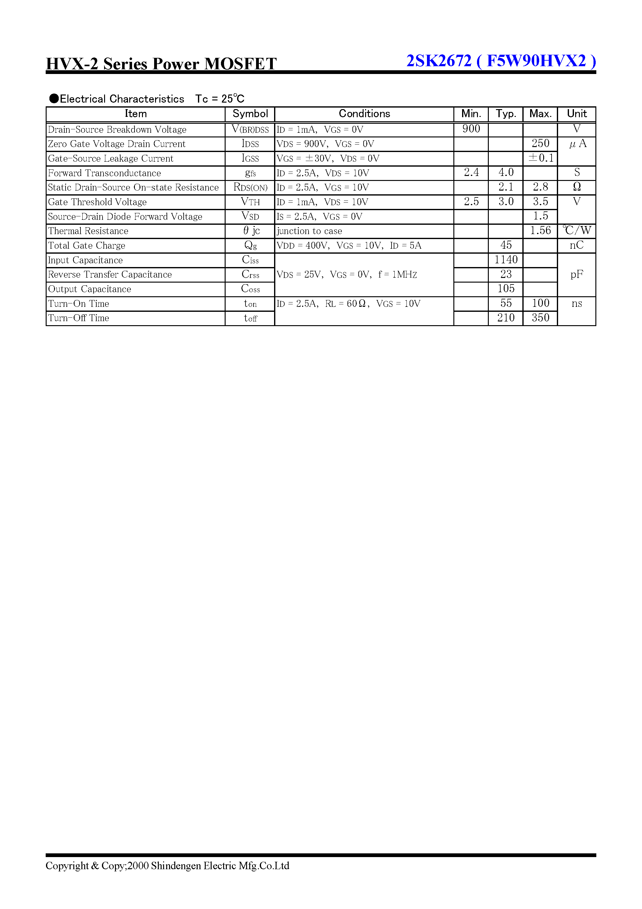 Даташит 2SK2672 - HVX-2 Series Power MOSFET(900V 5A) страница 2