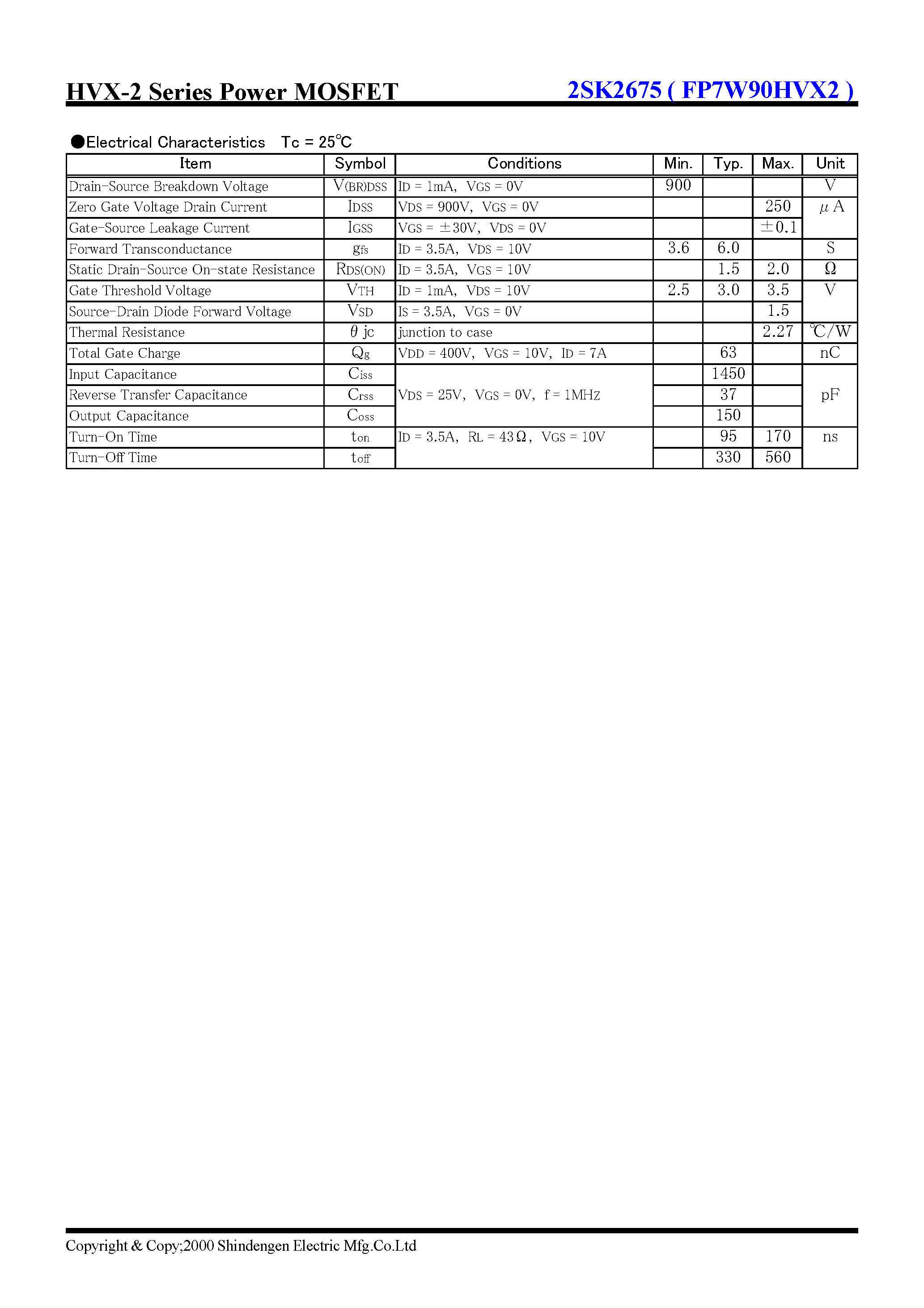 Даташит 2SK2675 - HVX-2 Series Power MOSFET(900V 7A) страница 2