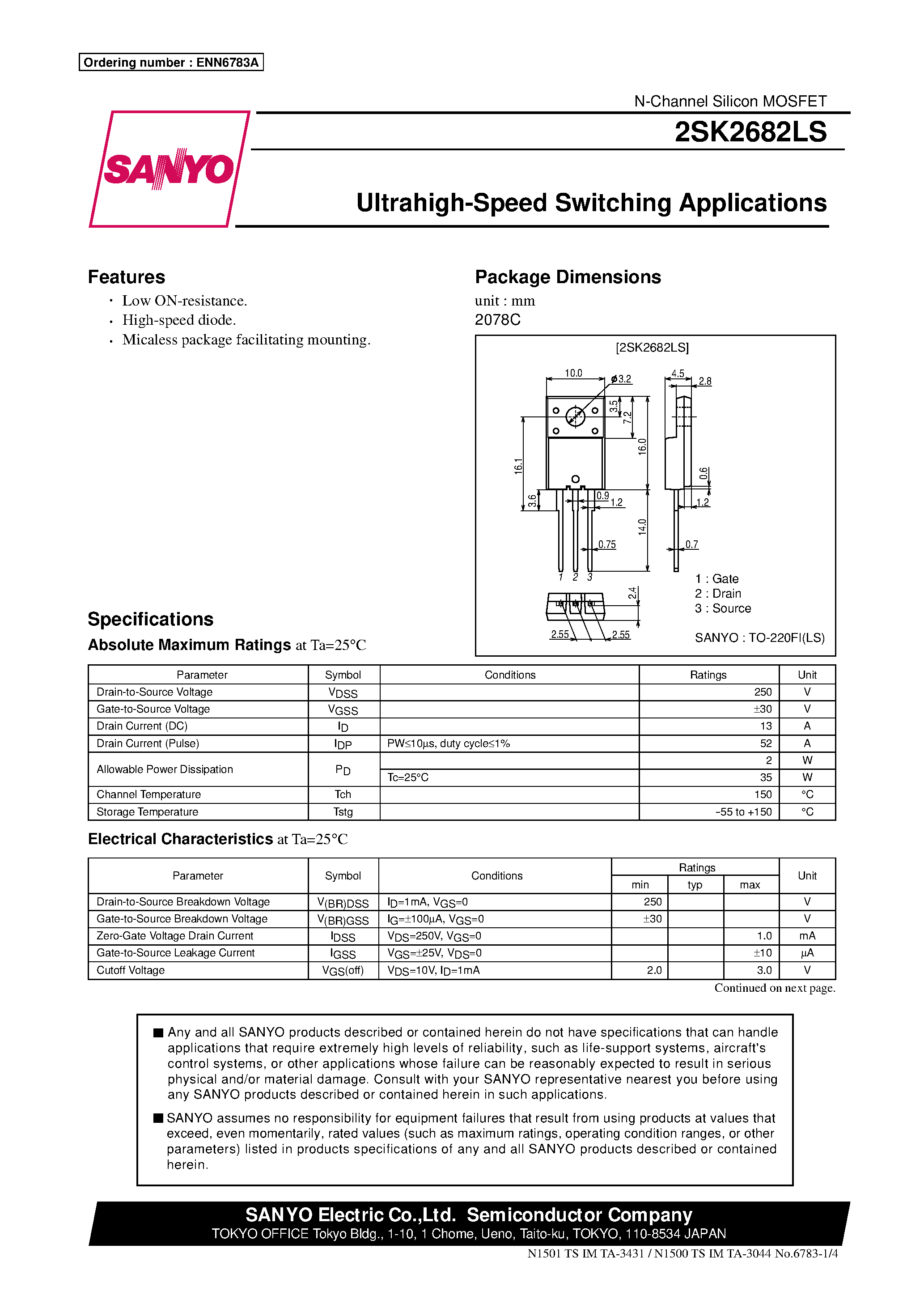 Даташит 2SK2682LS - Ultrahigh-Speed Switching Applications страница 1